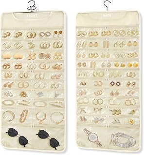 FOREGOER Hanging Jewelry Organizer 88 Zippered Pocket, 2-Sided,1 Pack Beige | PVC Clearly Pocket with Zipper, Dustproof & Foldable for Travel, Double-Sided Jewelry Storage Roll for Earring Ring Holder