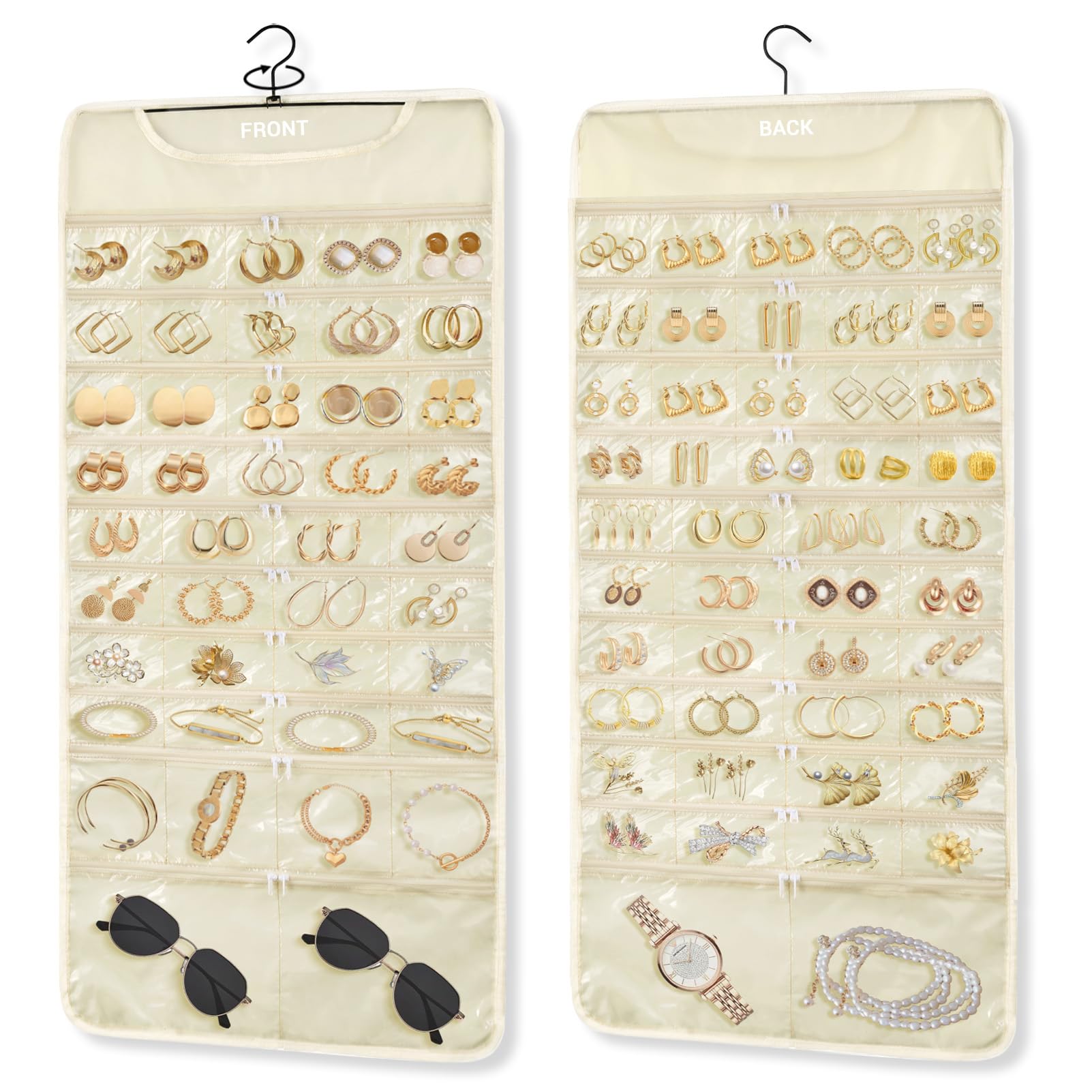 FOREGOER Hanging Jewelry Organizer 88 Zippered Pocket, 2-Sided,1 Pack Beige