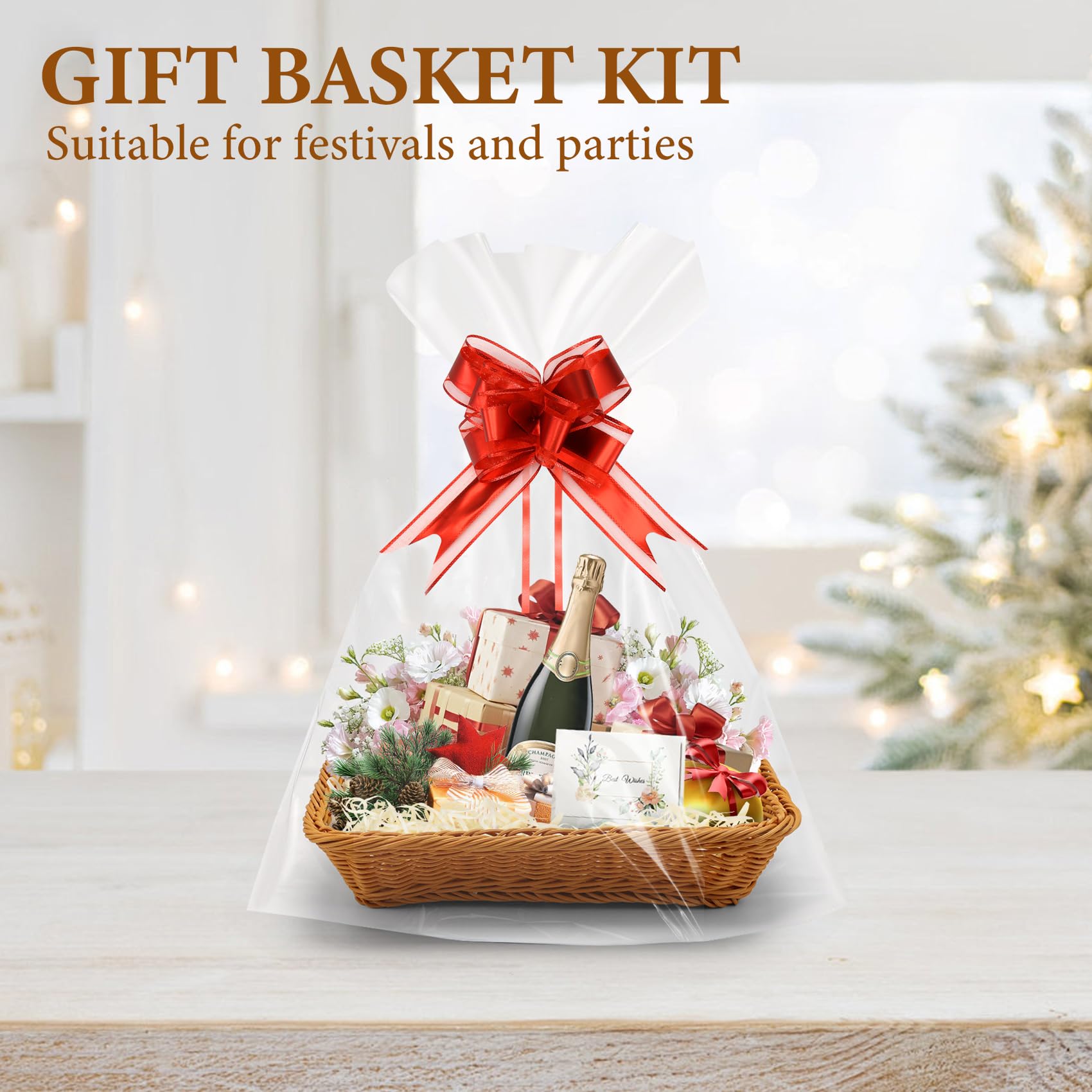 Micvtve Set di 2 cesti regalo, kit per creare il proprio cesto regalo con fiocchi, sacchetti di cellophane, biglietti di auguri, carta sminuzzata e cesto regalo vuoto, da utilizzare per compleanni