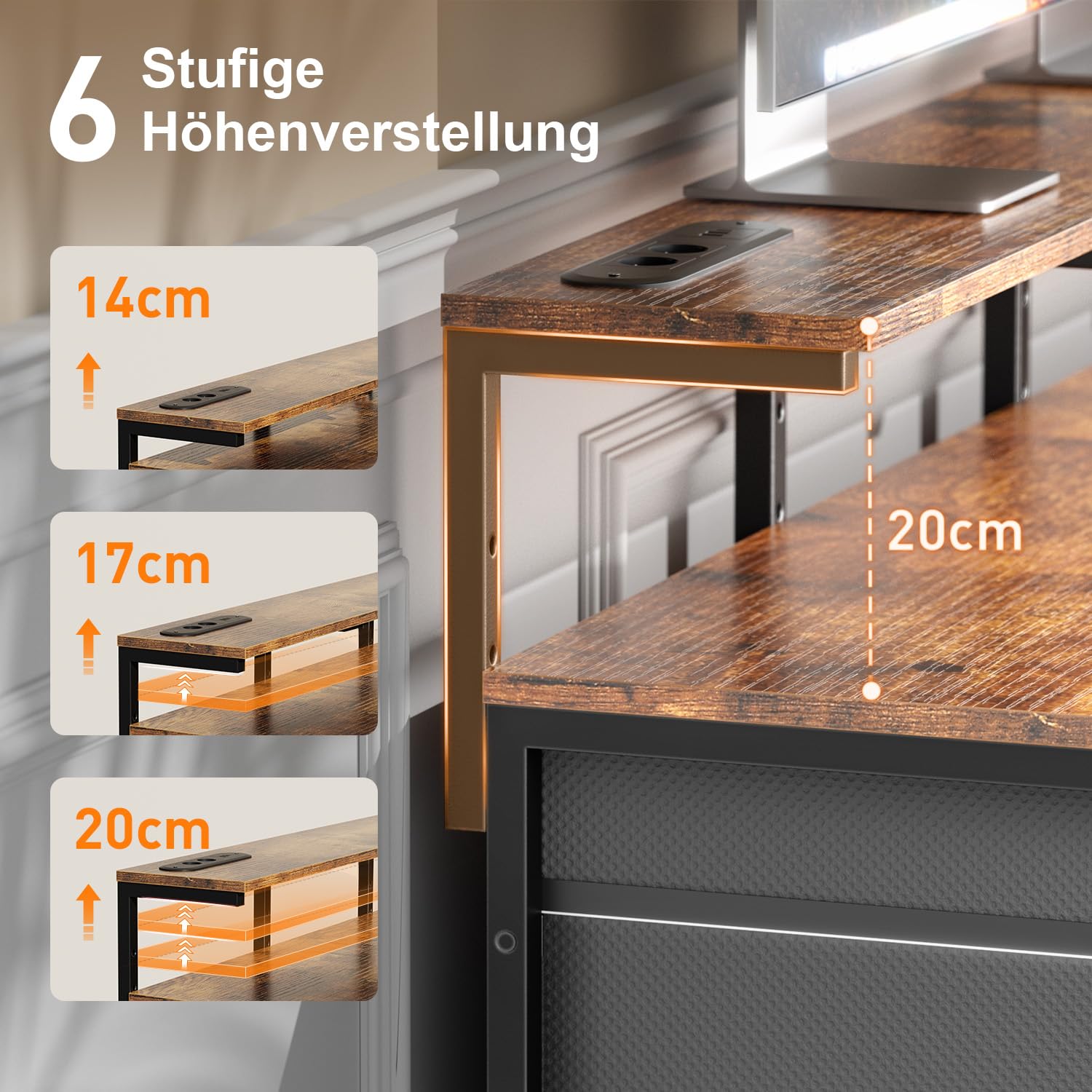HLONONE Computertisch mit 8 Stoffschubladen, Bürotisch mit 2 Steckdosen und 2 USB Ladeanschluss, Schreibtisch mit Monitorständer für Gaming und Büro, 120 x 50 x 74 cm, Braun