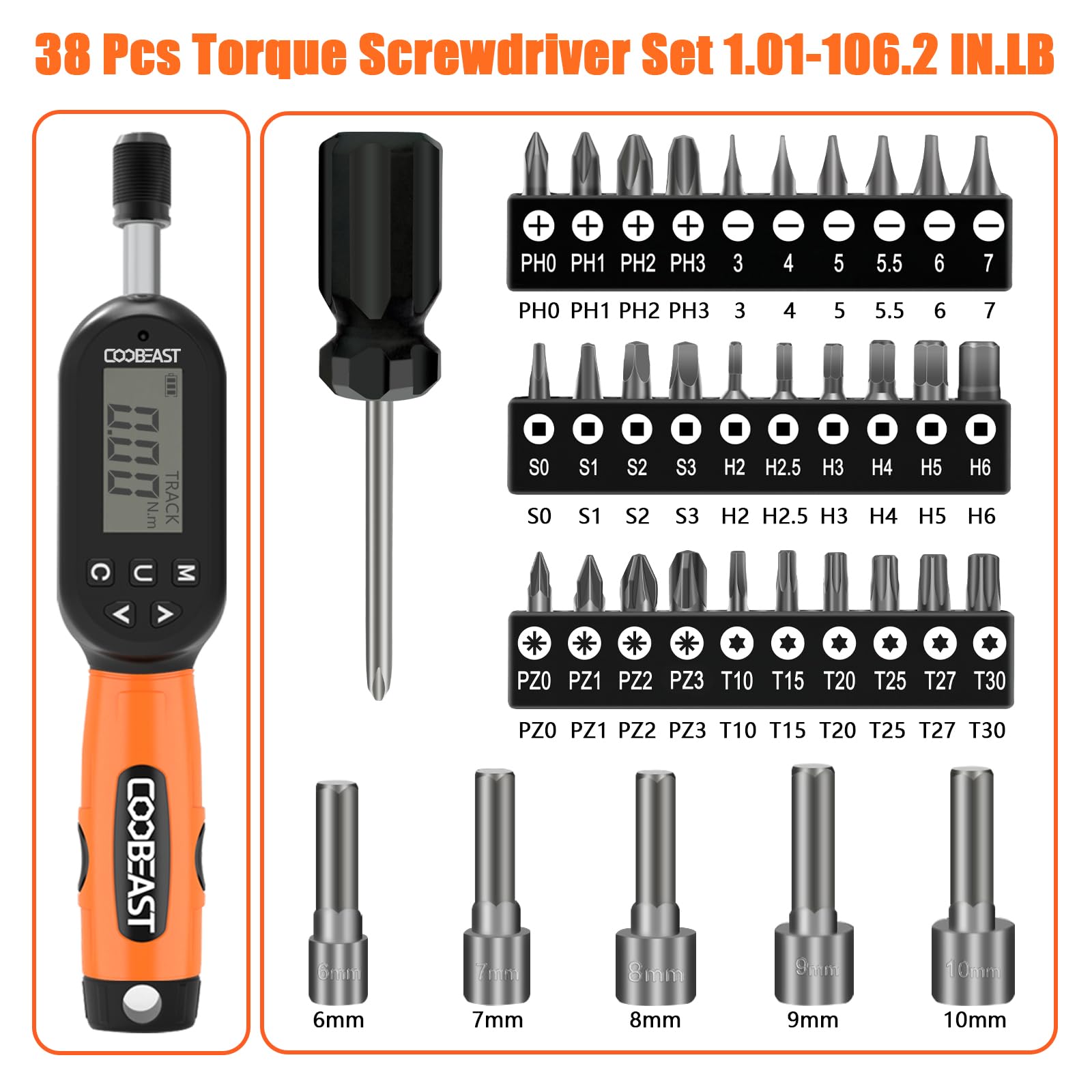 coobeast 38pcs Torque Screwdriver 1.01-106.2 in-lbs/0.11-12 Nm, 1/4 inch Drive Electronic Digital Torque Wrench Set Vibration with Buzzer/LED Notification for Gunsmithing, Scope Mounting