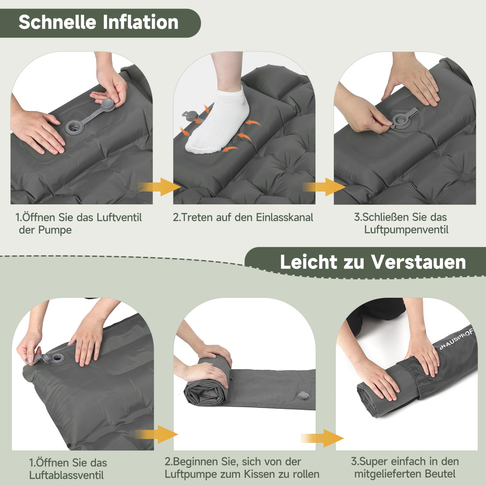 HAUSPROFI Isomatte Camping, Ultraleicht Camping Luftmatratze mit Fußpumpe & Kissen, Aufblasbare Matratze Kompakte und Leichte, Campingmatte für Wandern Strand Outdoor