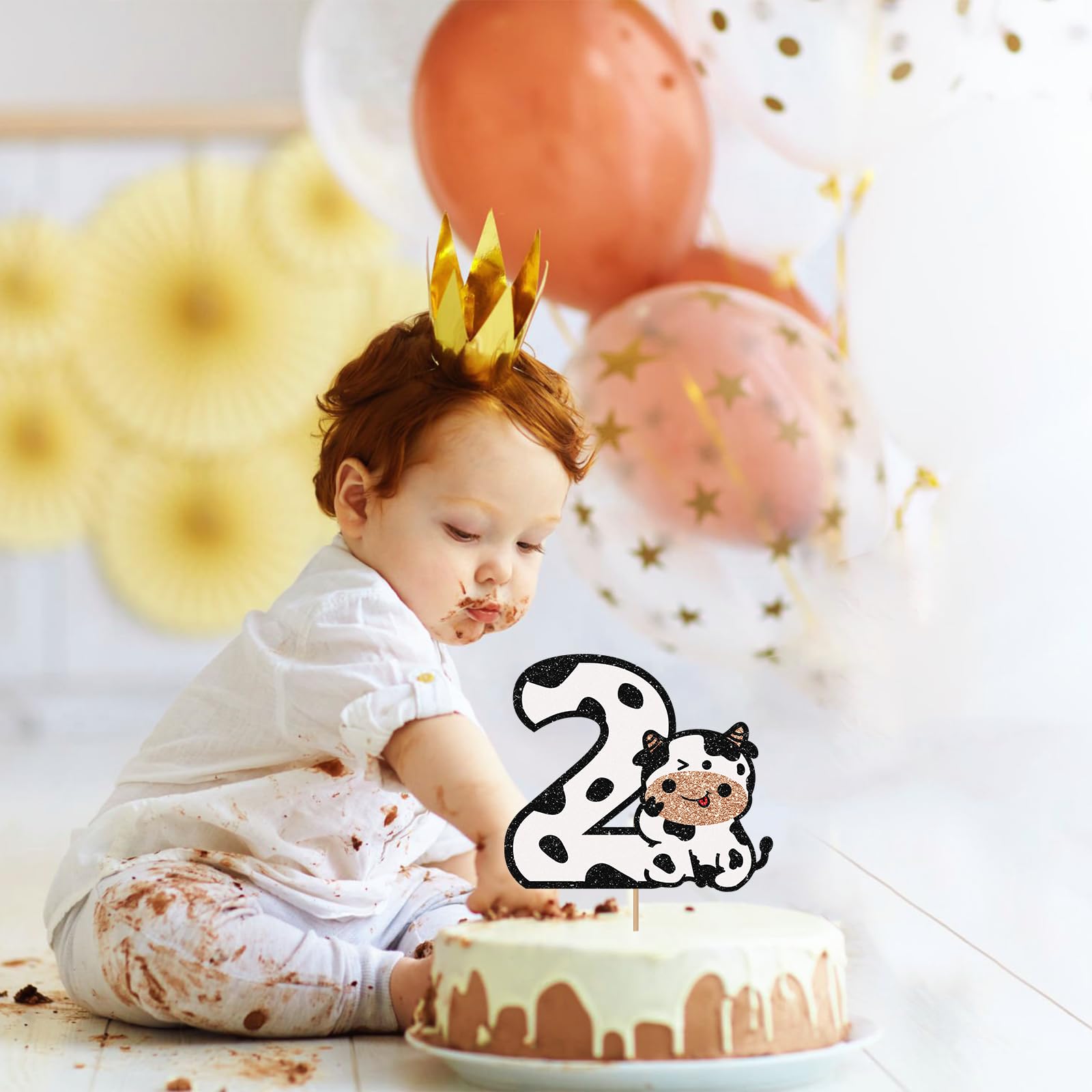 "Cow Two" Happy Birthday Cake Topper - Pink & Black Glitter For 2nd Birthday Farm Theme Party