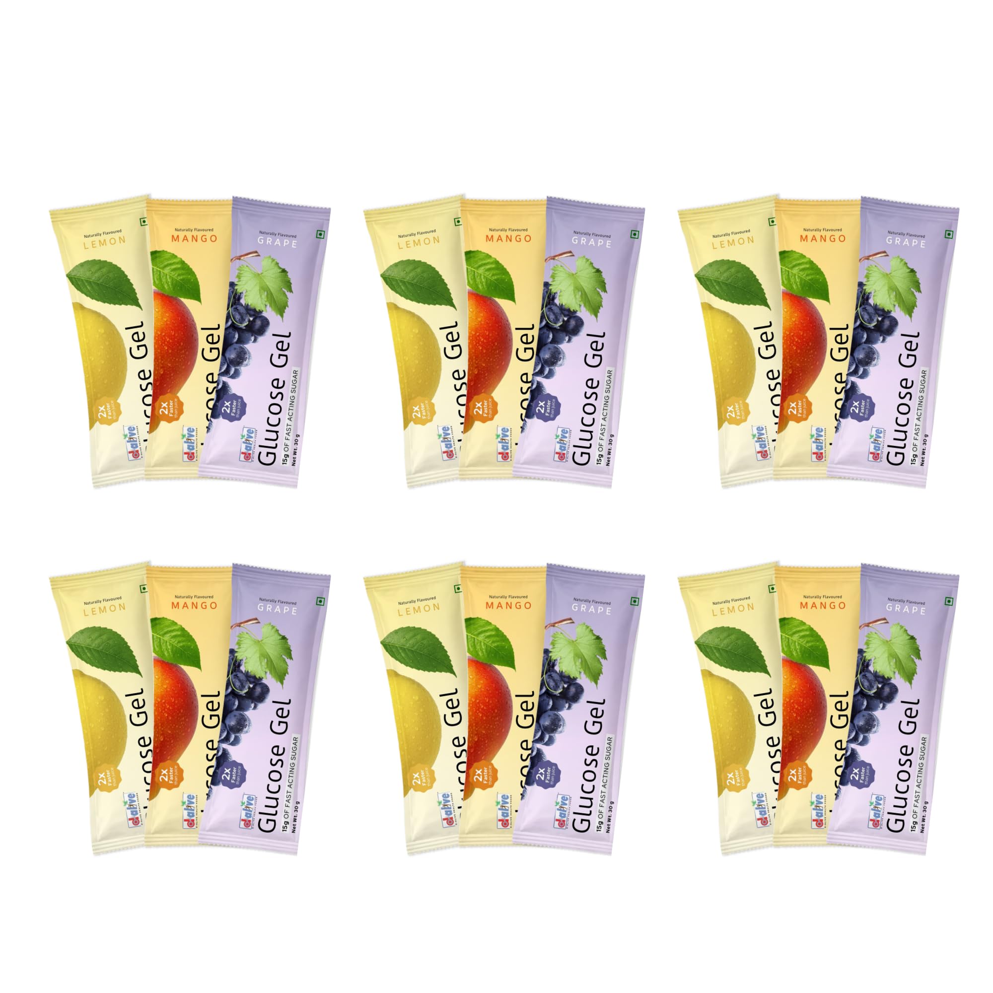 D-Alive 15g of Fast Acting Glucose Gel for treating Hypoglycaemia - Instant Energy Gel for Athletes - Total 18 Pocket Size Sachets - 6 Sachets Each of Lemon, Mango & Grape (Natural Flavours)