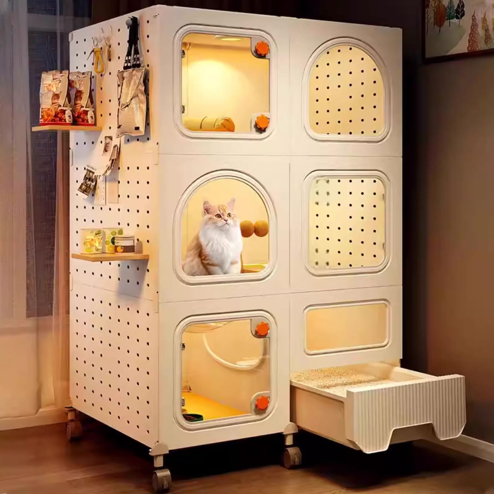 Cat Cage Indoor Enclosure with Wheels and Integrated Litter Box, Height Adjustable, Durable PP and Iron Materials, Suitable for 1-2 Cats