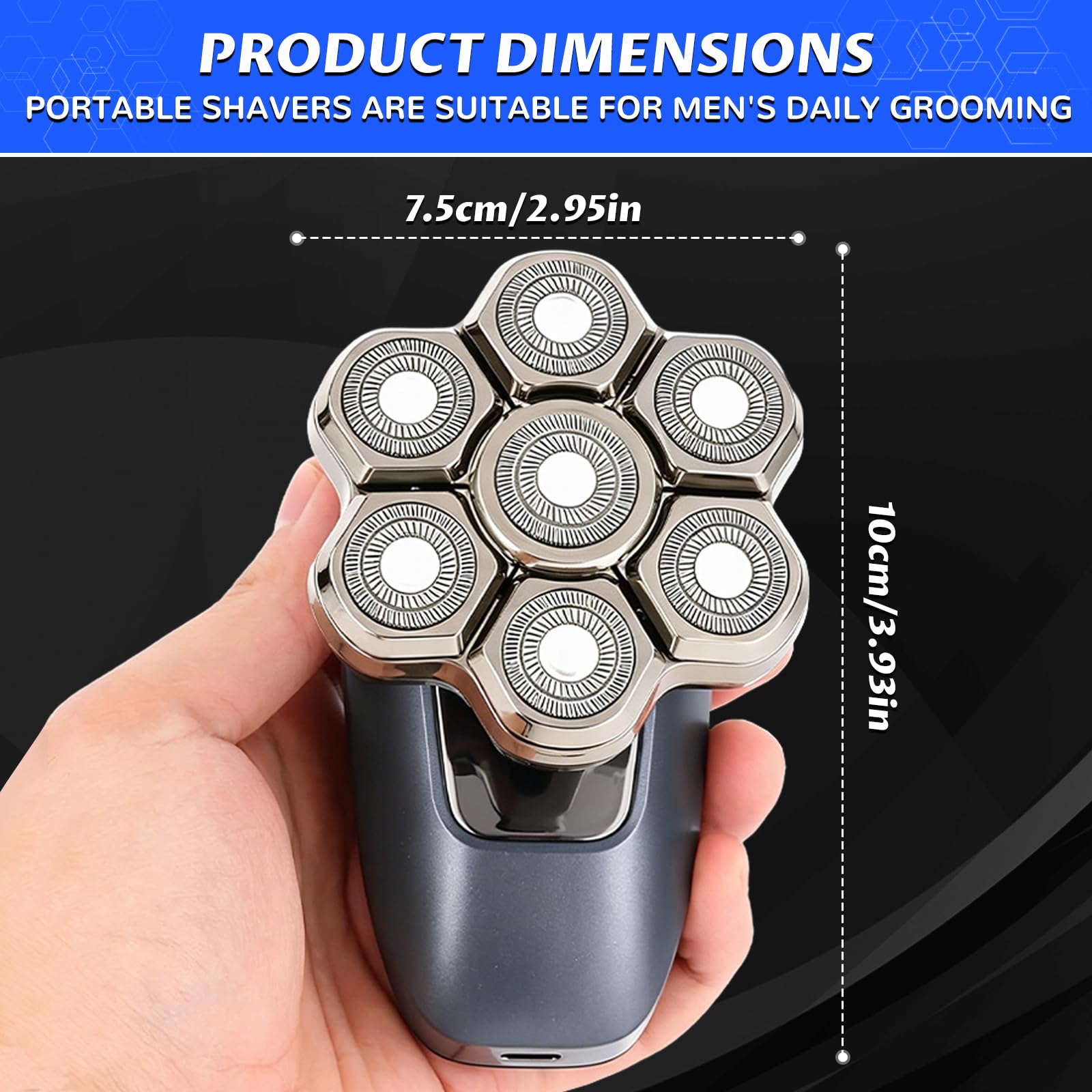 Kopfrasierer für Glatze, 7D Elektrischer Rotationsrasierer 5-in-1-Pflegeset mit Nasenhaarschneider, Kotelettenschneider & Gesichtsbürste, USB wiederaufladbar, nass & trocken, IPX6 wasserdichter