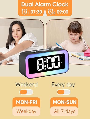 Miniatura 4 de Cadmos Reloj despertador fuerte para dormitorios con luz nocturna RGB dinámica adultos que duermen pesados alarma doble cargador USB pequeño reloj