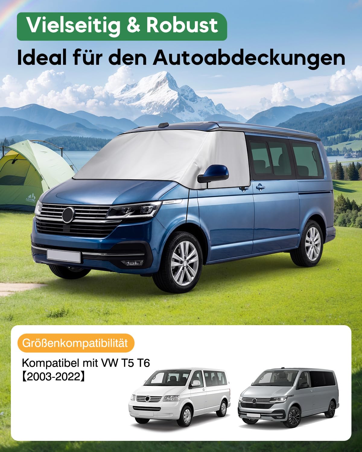 Couverture Pare-Brise Camping Car pour Volkswagen T5 T6 (2003-2022), Protège Pare-Brise Extérieur en 600D avec Doublure Douce, Imperméable & Anti-UV