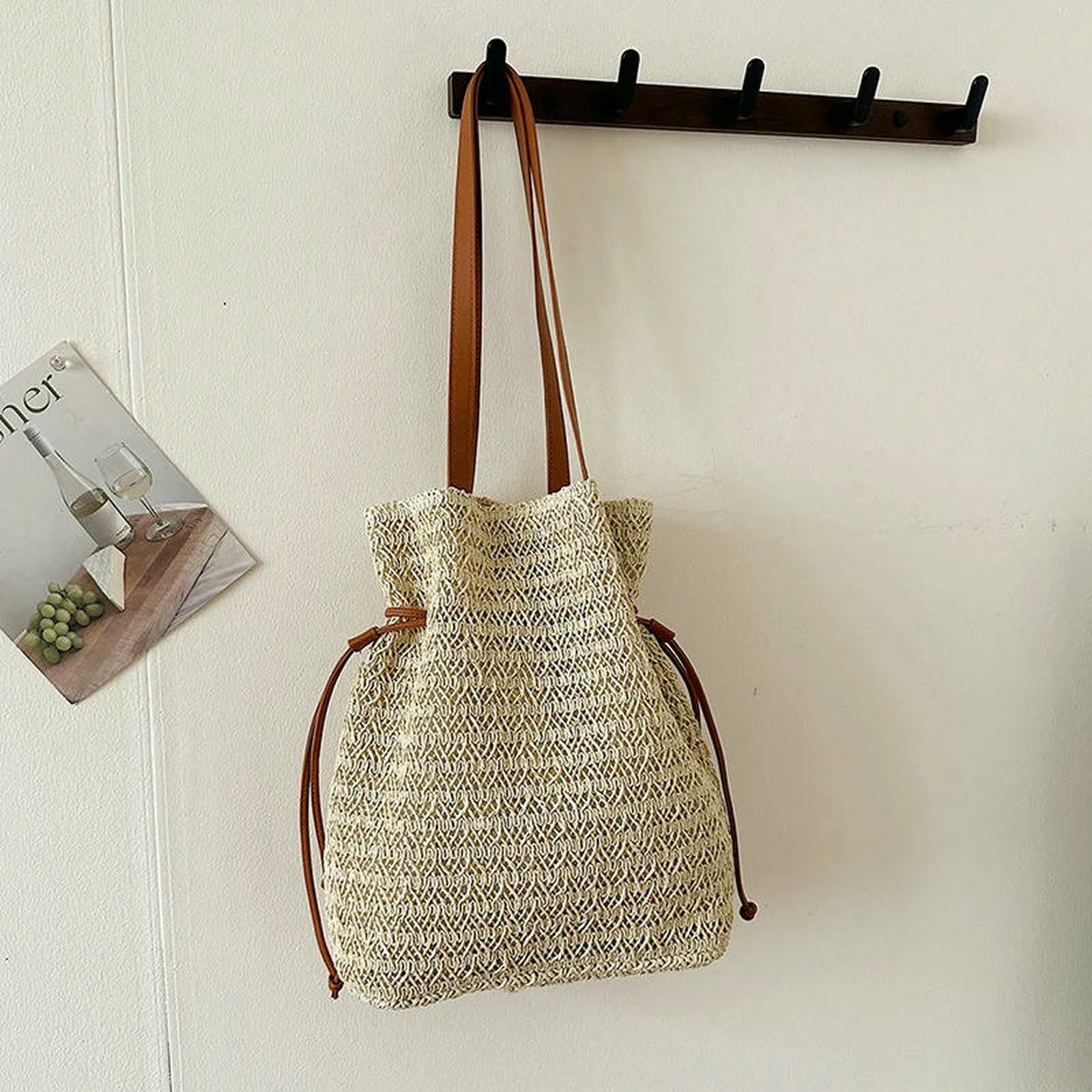 Strohtaschen Damen Shopper Handgewebtes Großer Kapazität Strand Gewebter Korbbeutel Stroh Strickbeutel Gewebt-Khaki