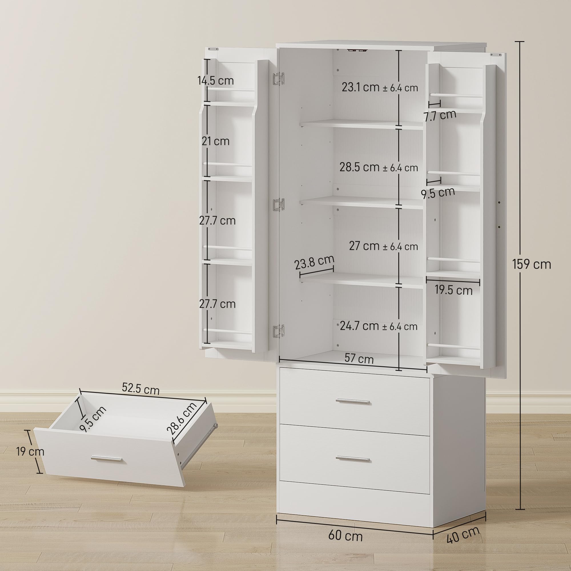 HOMCOM Credenza Cucina Alta 159 cm, Mobile Cucina con 8 Portaspezie sulla Porta, 2 Ante e 2 Cassetti, Mobile Dispensa Moderno con Ripiani Regolabili, per Sala da Pranzo, Soggiorno, Bianco