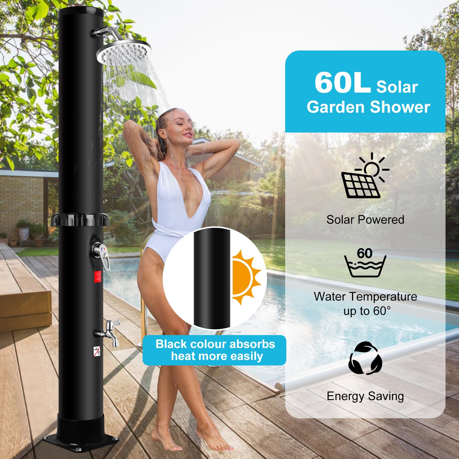 Prysznic solarny ogrodowy 60 litrów - zewnętrzny prysznic słoneczny z prysznicem i kranem nożnym, ciepła woda do 60 °C, bez podłączenia zasilania, zewnętrzny prysznic solarny do basenu (60 l)