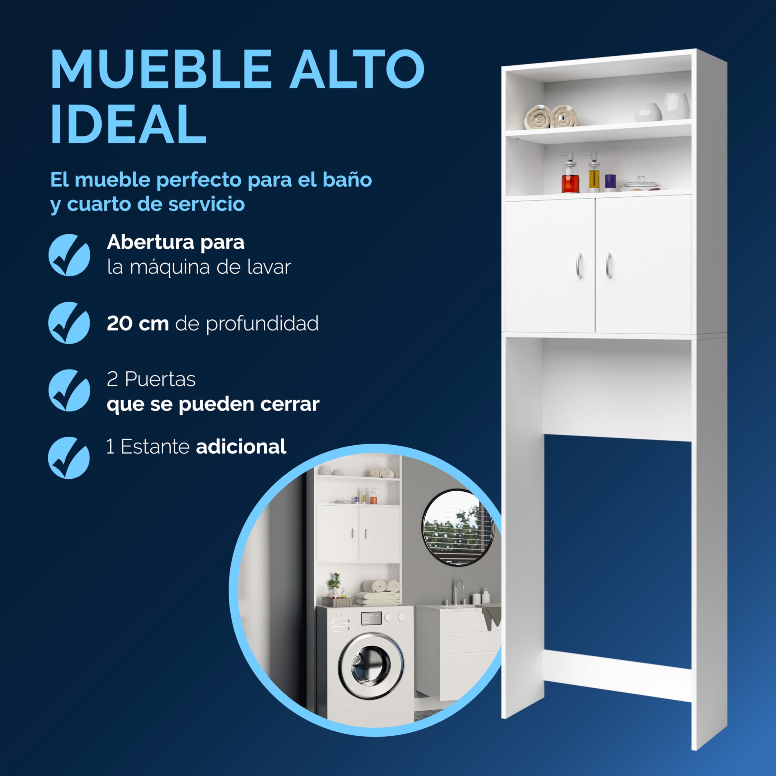 CASARIA® Mueble Alto para Lavadora Secadora, Estanteria Almacenamiento sobre Inodoro, con 2 Estantes, Estanterias Alta de Almacenaje Baño Armario Alto 185x63x20cm