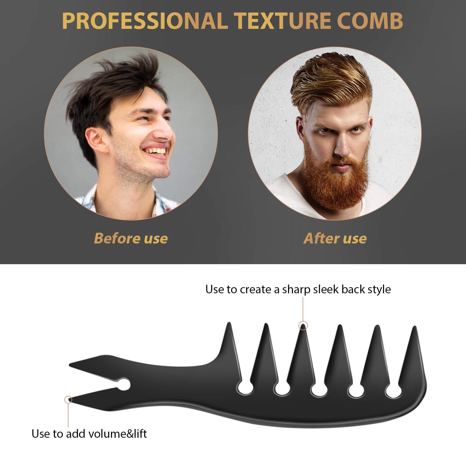 DUAIU 3 Pcs Hair Styling Combs Set for Men Black Wide Tooth Comb Texture Comb for Quiff Pompadour, Slicked-back, Fauxhawk, Undercut - Image 4