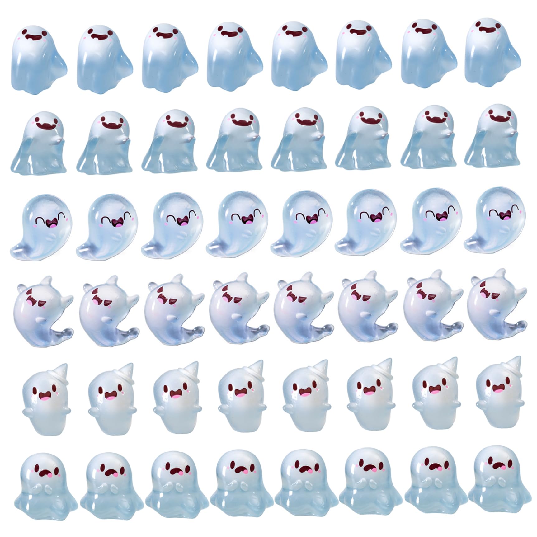 Veesper Mini Resin Figures 48PCS 8 Styles Glow in the Dark Ghost Figurines, Cute Mini Halloween Miniatures for Dollhouse, Party Decorations, Micro Landscape and Festival Accessories