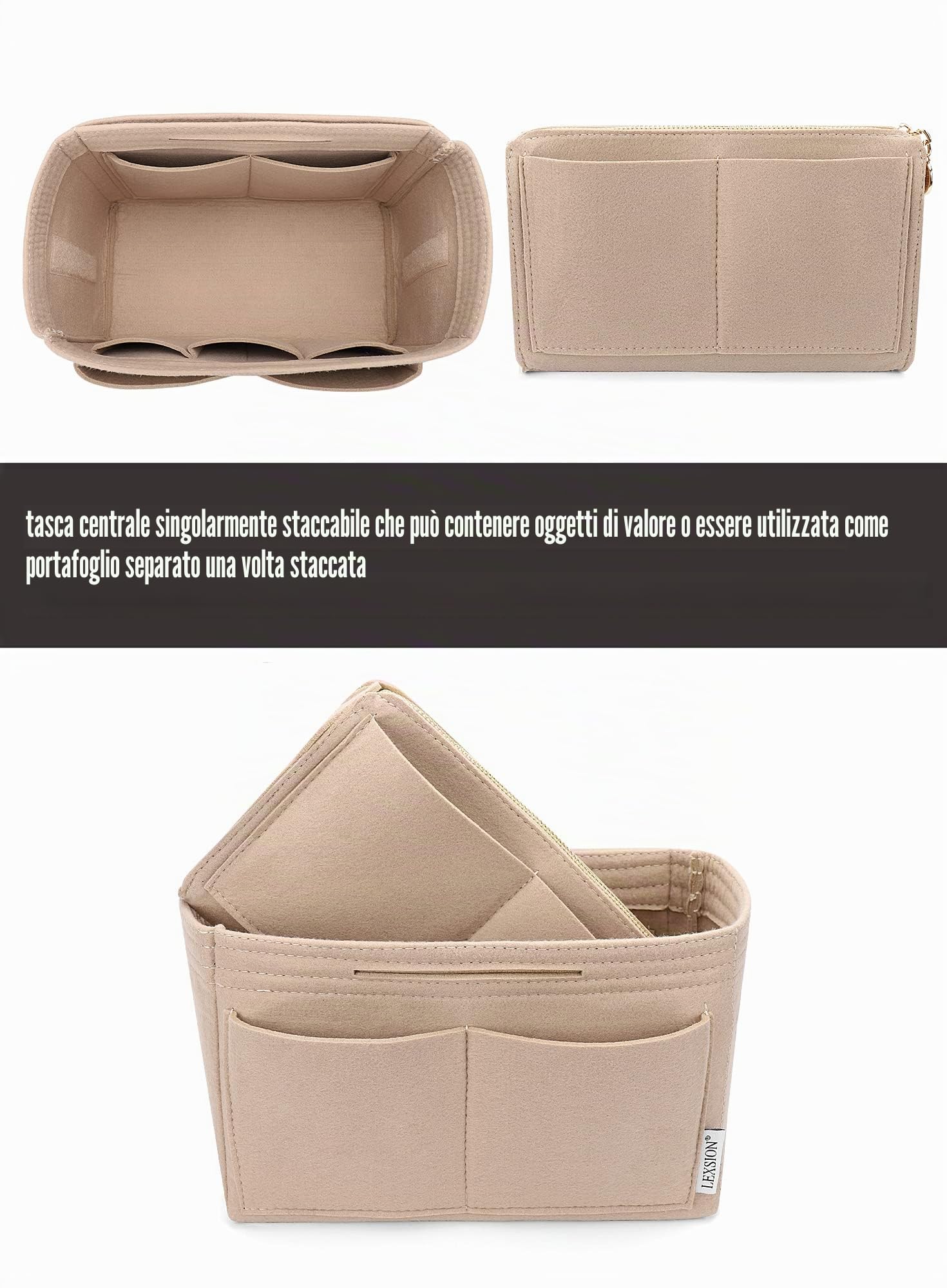 LEXSION Inserto organizer per borsa in feltro con cerniera, borsa tote Shaper Fit Speedy Neverful PM MM, 1-beige, sottile grande