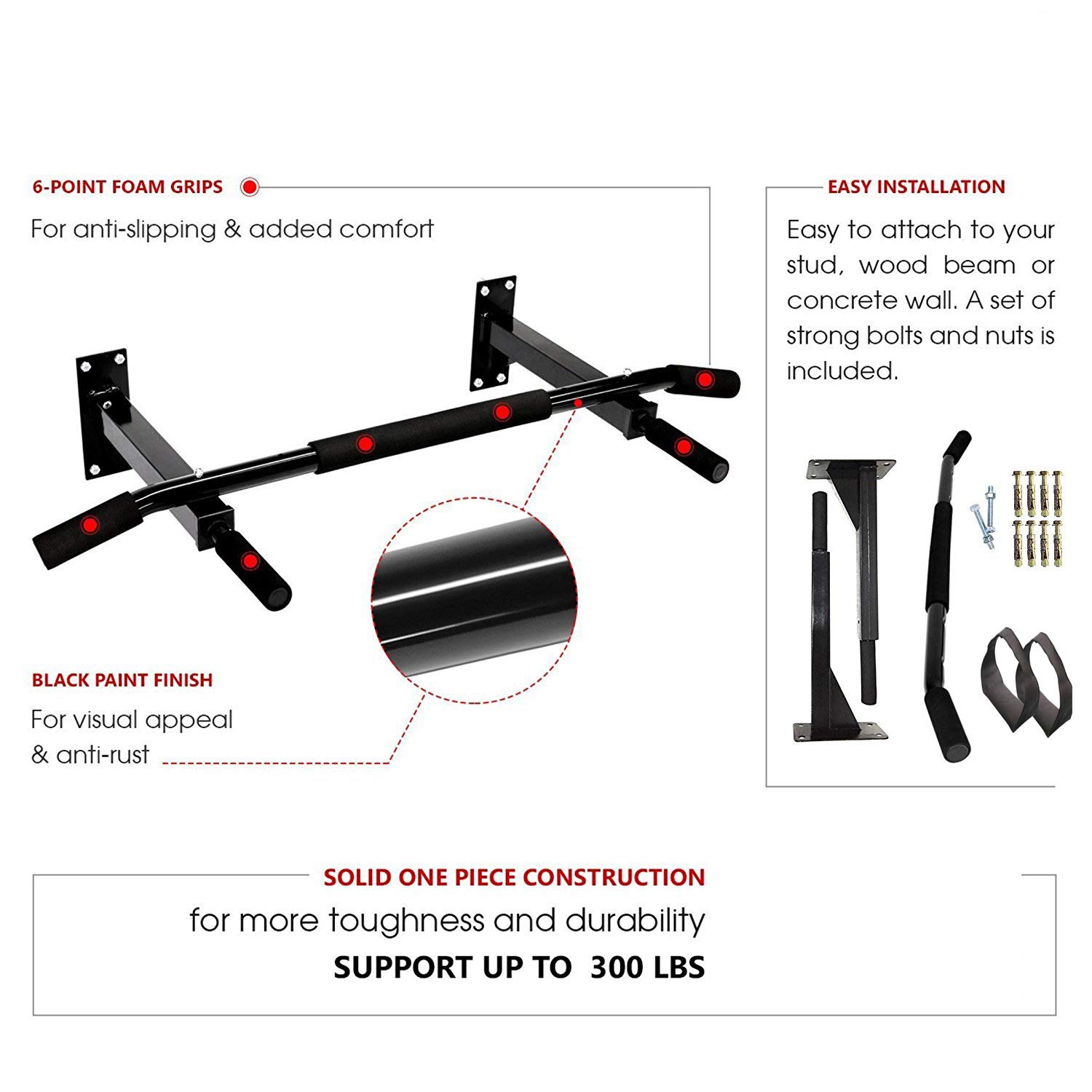 Protoner Wall Mounting Chin Up Bar with Solid One Piece Construction Bar + Ab Straps Fitness Combo