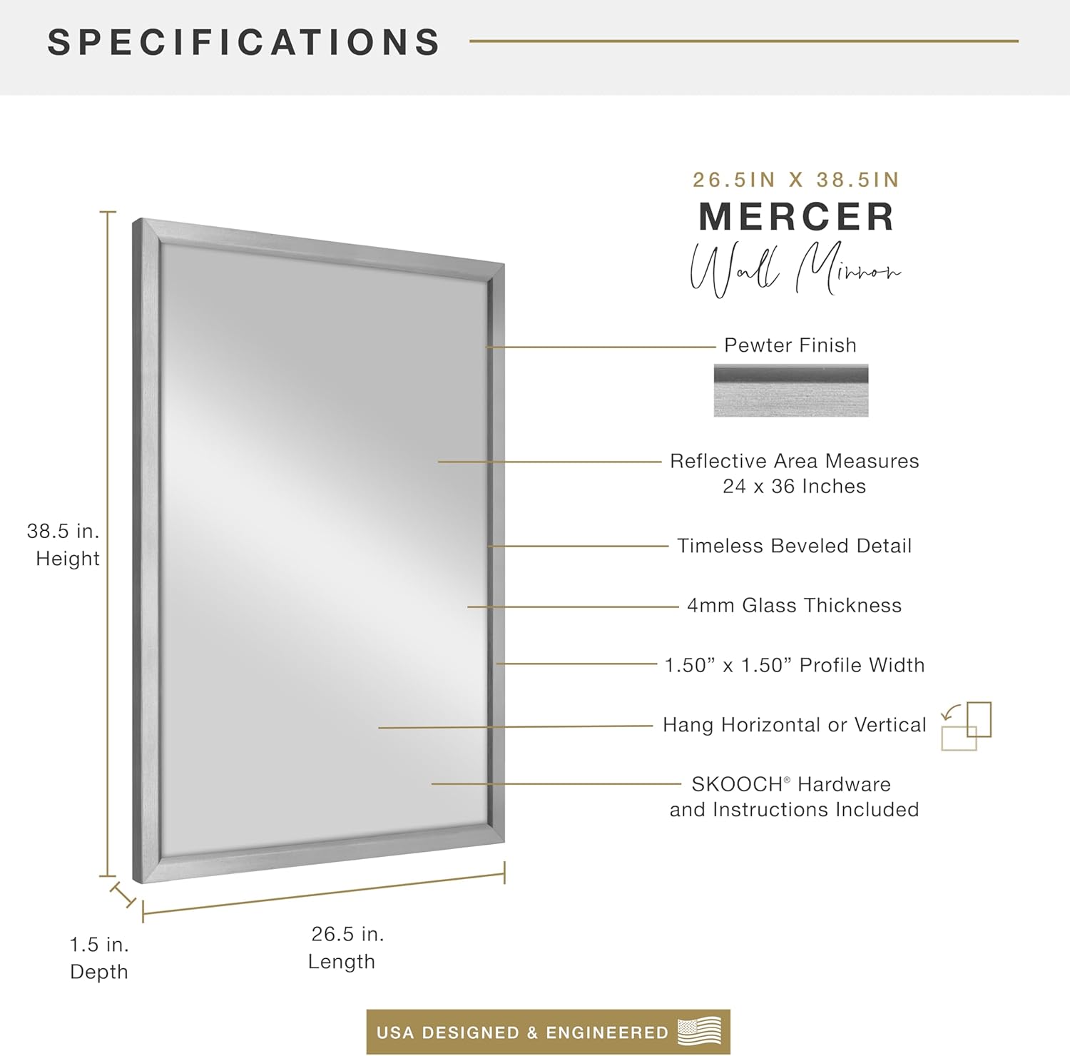 MCS 26.5x38.5 Mercer Large Wall Mirror, Pewter Timeless Rectangle Mirror, Vertical & Horizontal Wall Hanging Mirror for Bathroom, Bedroom, Entryway & Livingroom