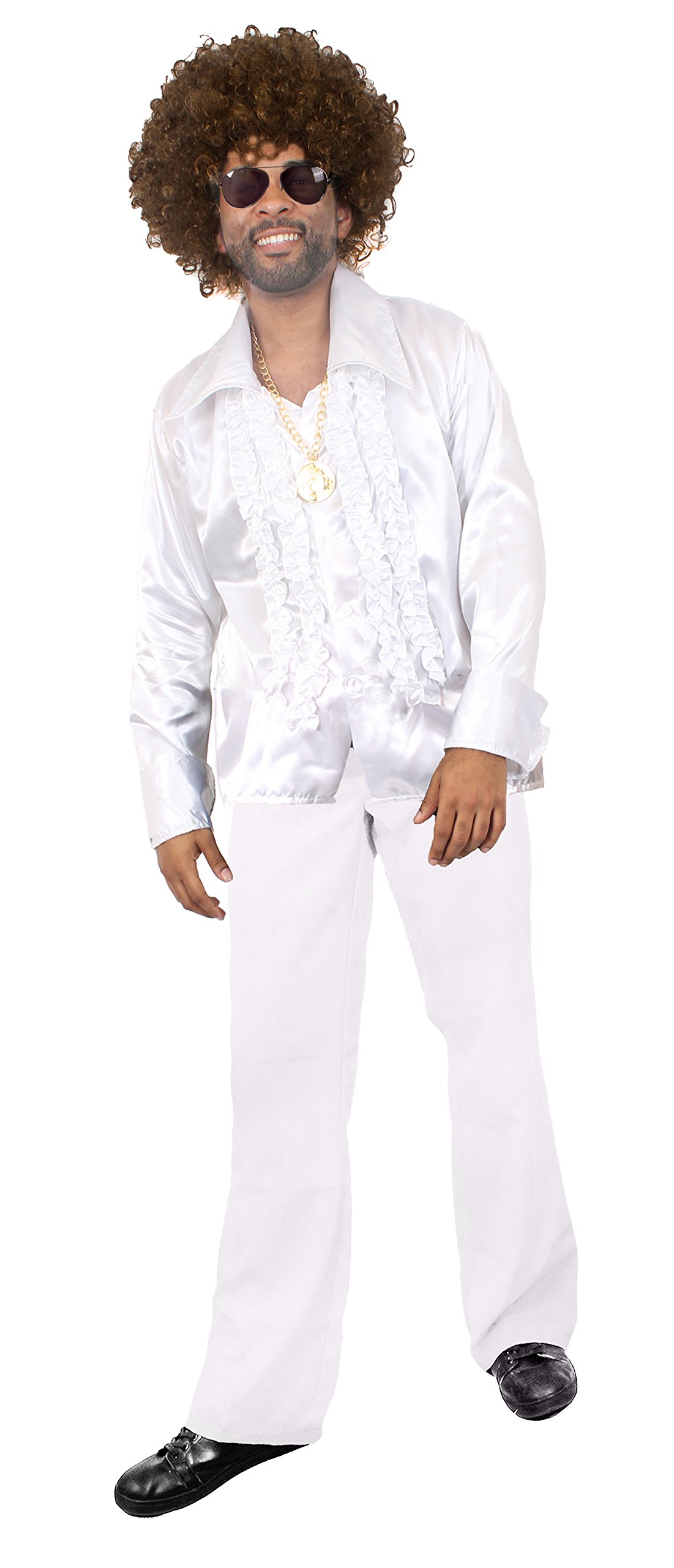 Herren 70er Jahre Disco-Kostüm Night Fever Braun Afro-Perücke, Disco-Hemd, ausgestellte Disco-Hose, goldfarbenes Medaillon und coole Fliegersonnenbrille Weißes Hemd mit weißer Hose Größe XL