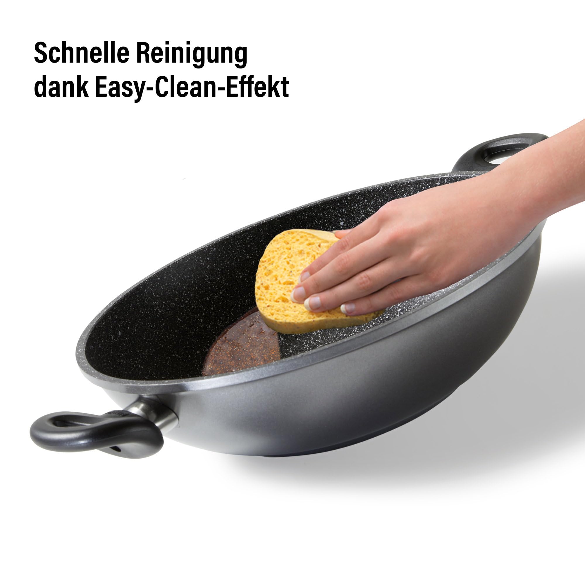 STONELINE Wok 28cm, mit Deckel, Aluguss, Wok Pfanne beschichtet mit echten Steinpartikeln, grau, ohne Fett oder Öl kochen und braten, großer Wok Induktion