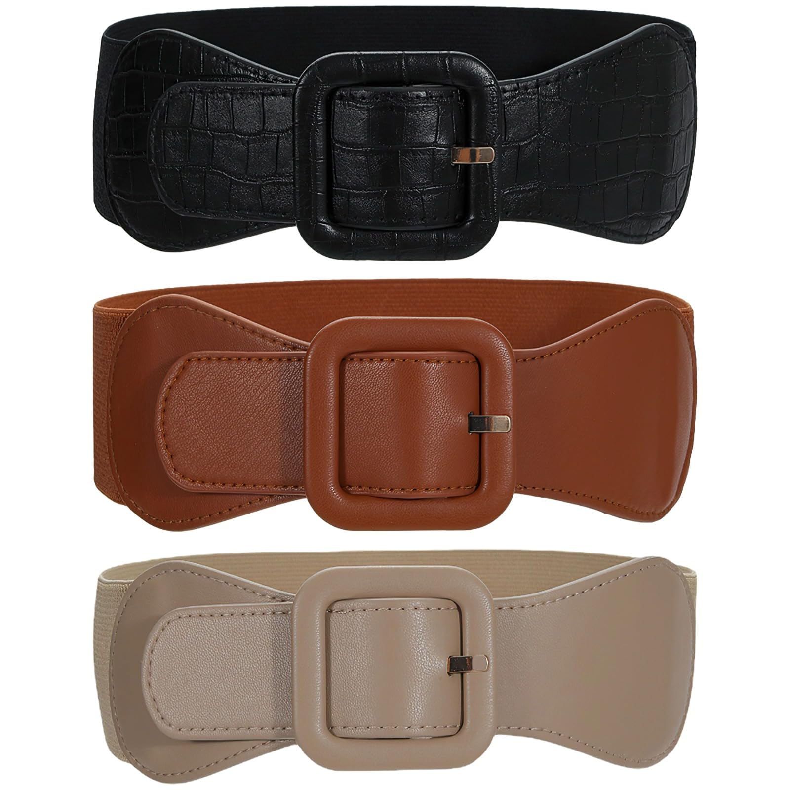 Générique Lot de 3 ceintures larges élastiques pour femme, ceintures de robe en PU avec boucle carrée, bande de taille extensible pour robes et blouses, 29,5 x 2,4 pouces