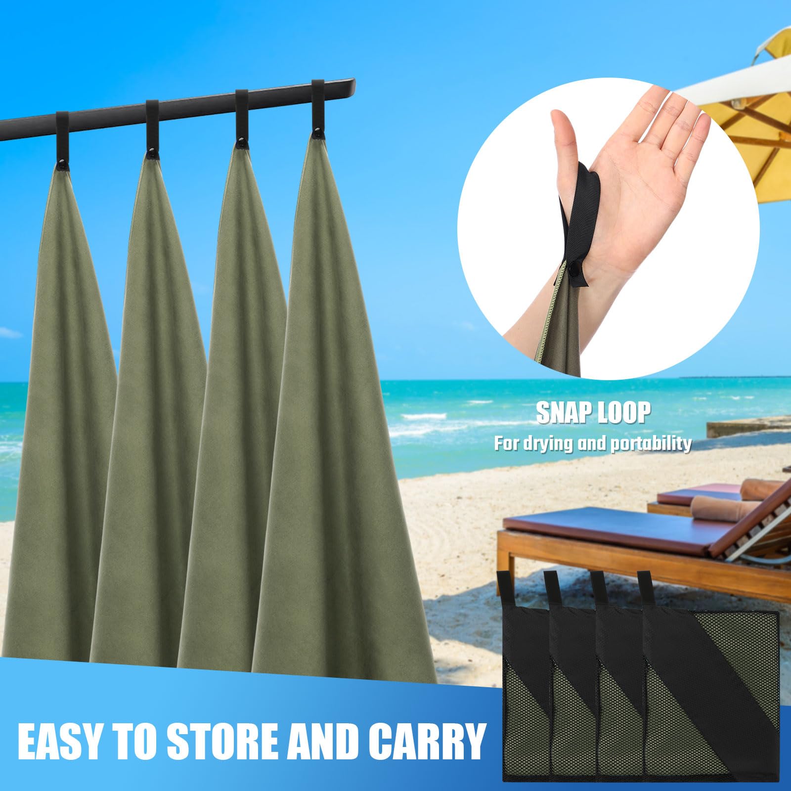 Hahafelt Juego de 4 toallas de viaje de microfibra absorbente de secado rápido de 47.24 x 23.62 pulgadas, para mochileros, camping, playa, gimnasio, deportes, yoga, piscina (verde militar)