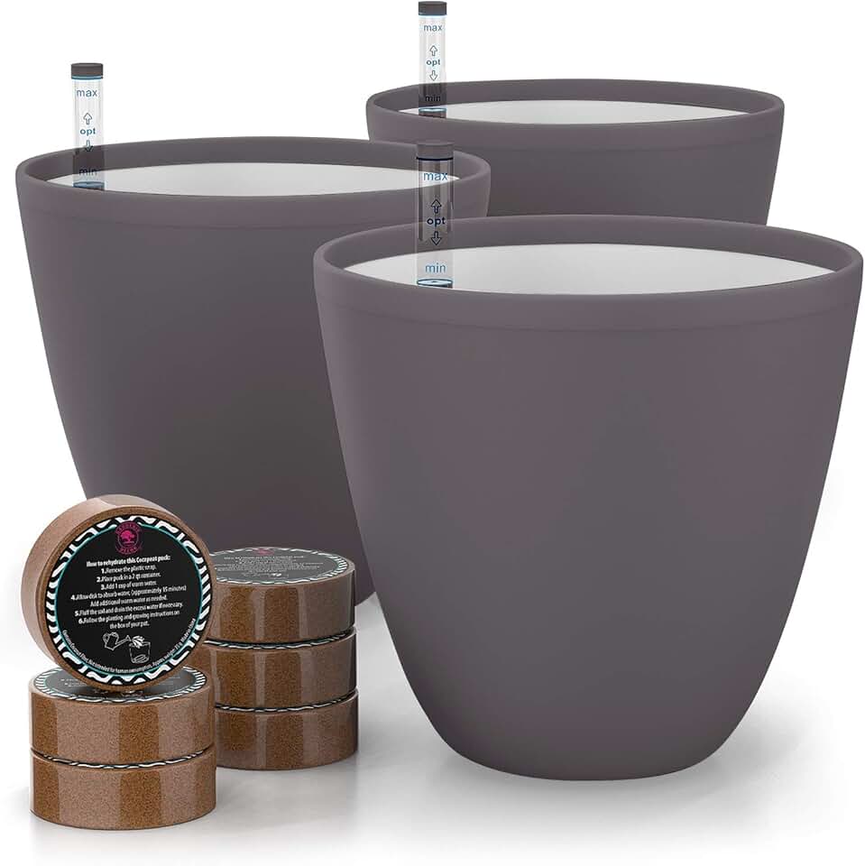 GARDENIX DECOR 7'' Self Watering planters for Indoor Plants - with Water Level Indicator for Flower Pot , Grow Tracking Tool - Coco Coir - Gray 3 Pack