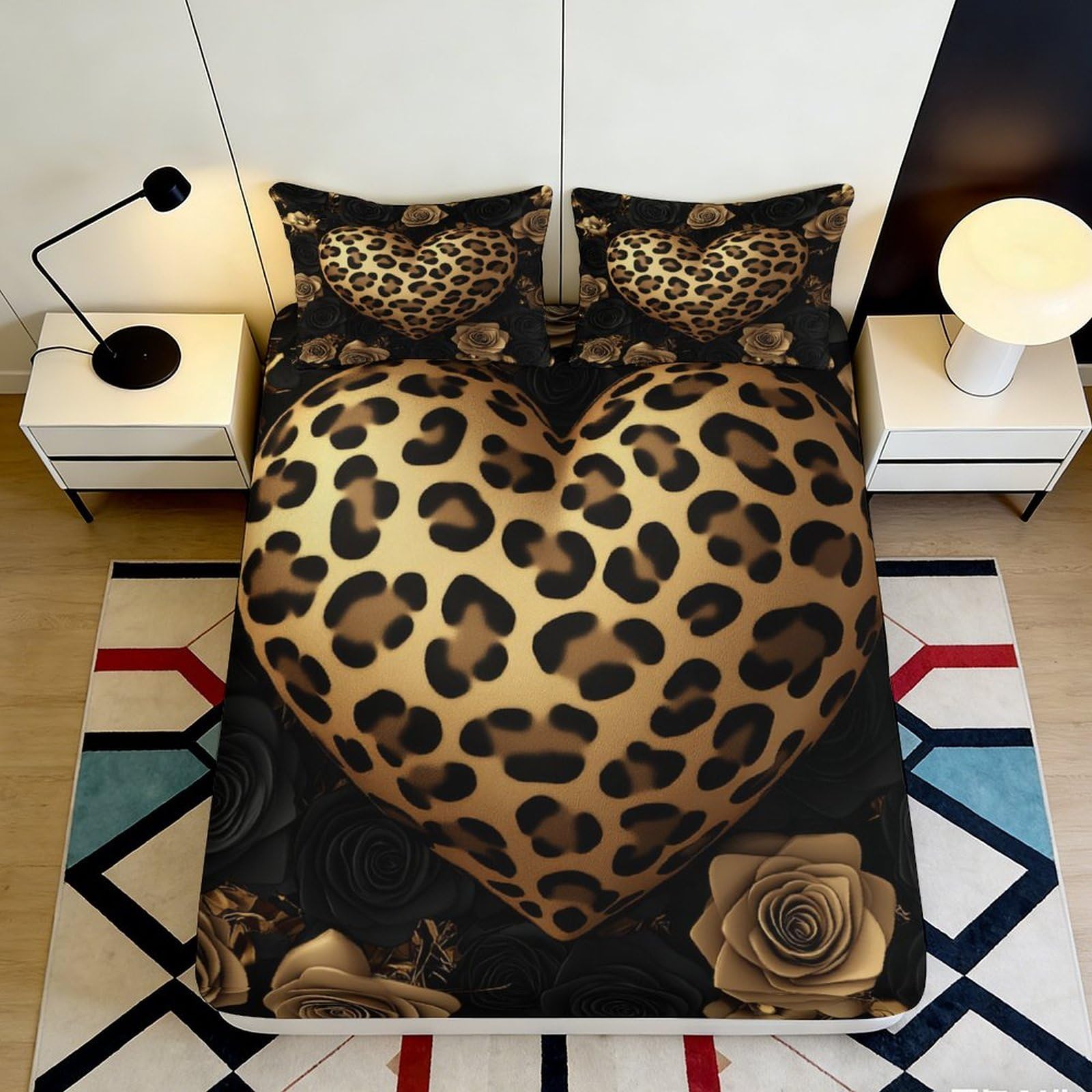 3D Printed Leopard Heart Fitted Sheet Microfiber Soft Brown Rose Bed Cover Anti-Slip Washable for Bedroom Guestroom 90x200x25cm
