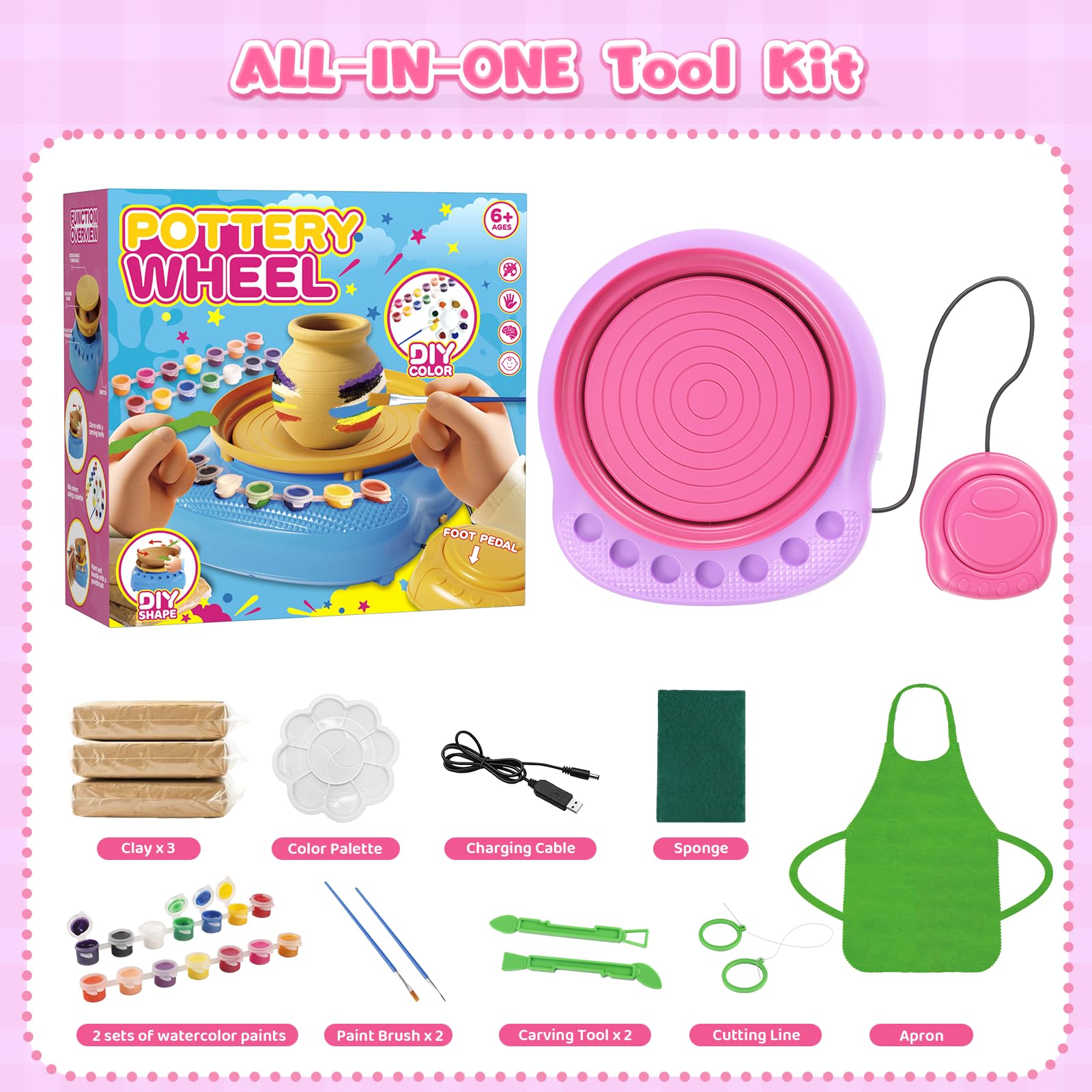 Kit Creativo Bambini 6 7 8 9 10 11 12 Anni - Tornio per Ceramica Bambini con Argilla e Colori, Set Creativo Regalo, Kit Ceramica Argilla Autoindurente Regalo Pasqua Natale Compleanno Bambino Bambina
