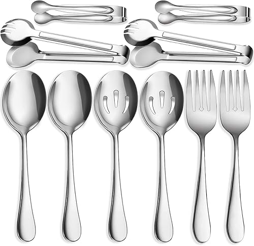 10 PCS Stainless Steel Serving Utensils, Large Serving Spoons Slotted Spoons, Serving Forks, Serving Tongs, Ice Suger Tongs, Metal Utensils Set