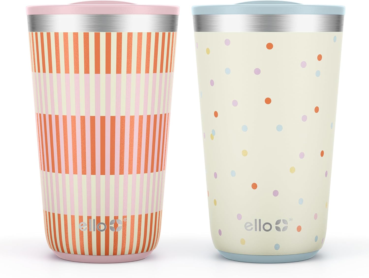 Ello 2 Pack 16oz Stainless Steel Stacking Cups with Easy Press Lids | Pint Size Reusable Tumblers for Parties, Home, Camping, Outdoor | Keeps Cold for 16 Hours, Dishwasher Safe | Stripes & Dots