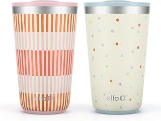 Ello 2-Pack 16oz Stainless Steel Stacking Cups with Easy Press Lids - 16Hr Cold Retention, Dishwasher Safe Tumblers for Parties & Camping, Stripes & Dots