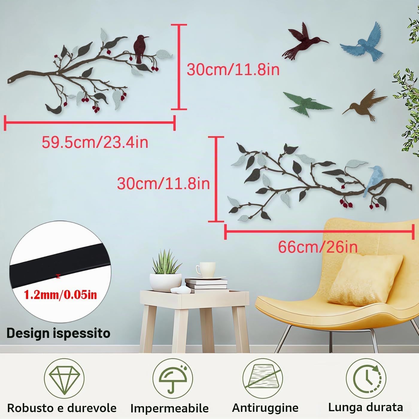 Pduoduo Set di decorazioni da parete in metallo con uccelli uccelli in metallo su rami decorazione da appendere alla parete Ideale per la decorazione di giardini e case all'interno e all'esterno
