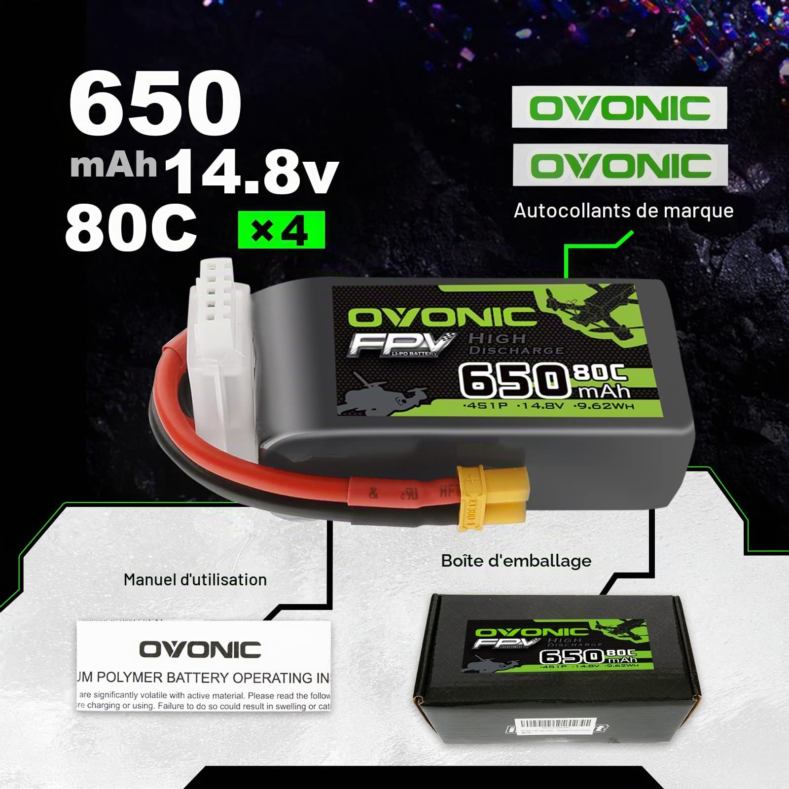 OVONIC Lipo Batterie 4s 80C 650mAh 14.8V avec XT30 pour RC Avion Quadcopter Hélicoptère FPV Racing Drone (4pcs)