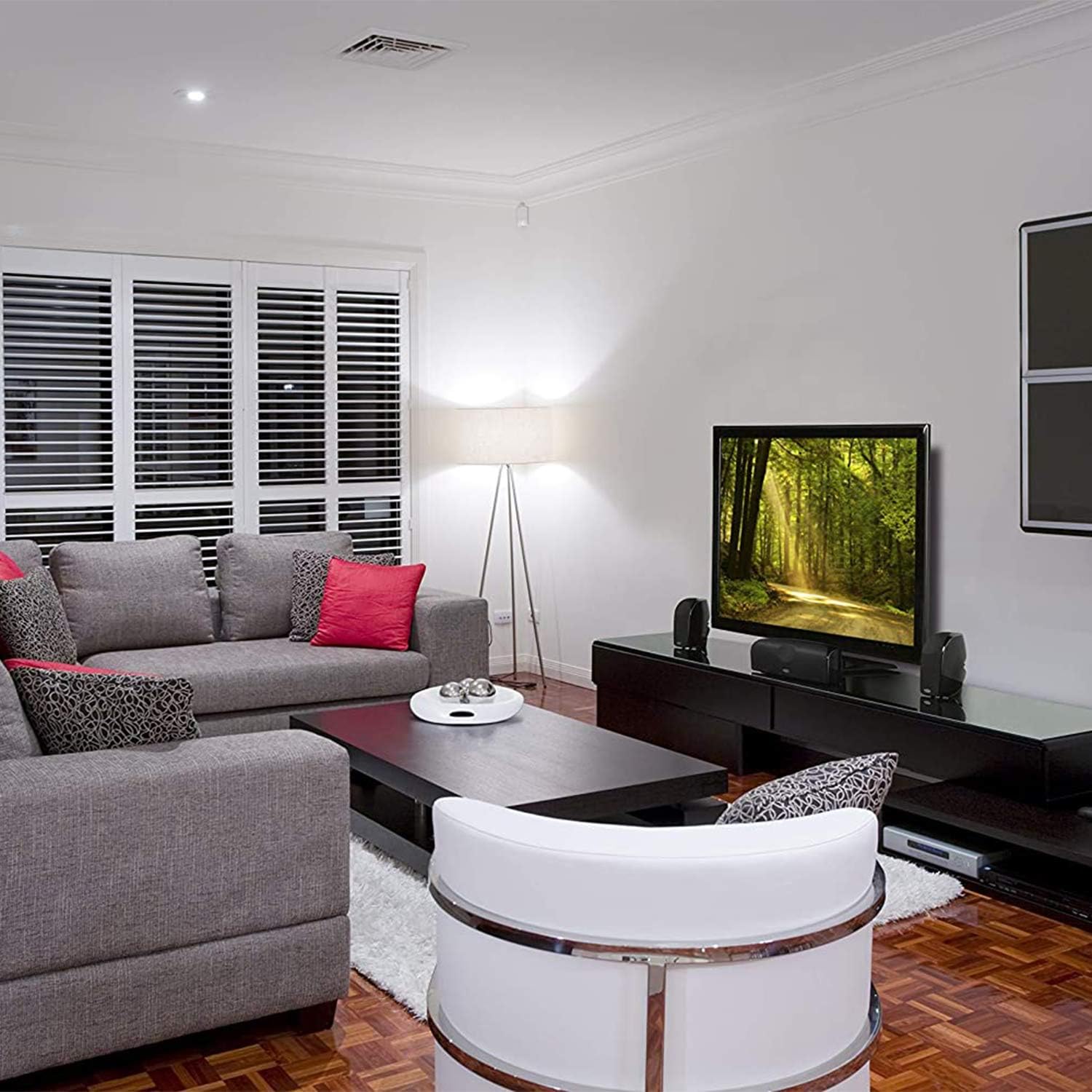 Polk Audio TL1 Satellite Speakers shelf-mounted in a living room setup