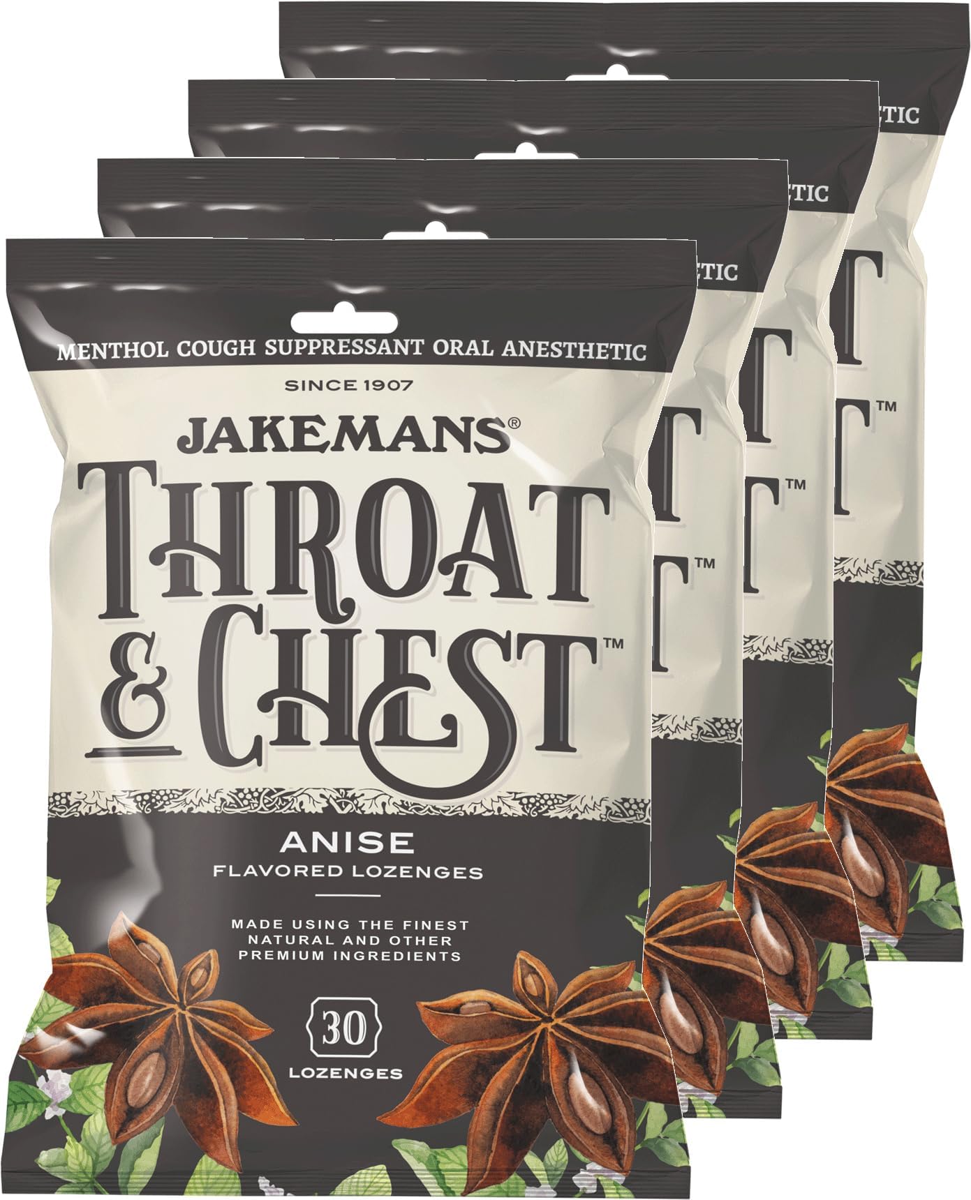 Jakemans Throat & Chest Menthol Cough Suppressant Anise - 30 Lozenges (4 Pack)