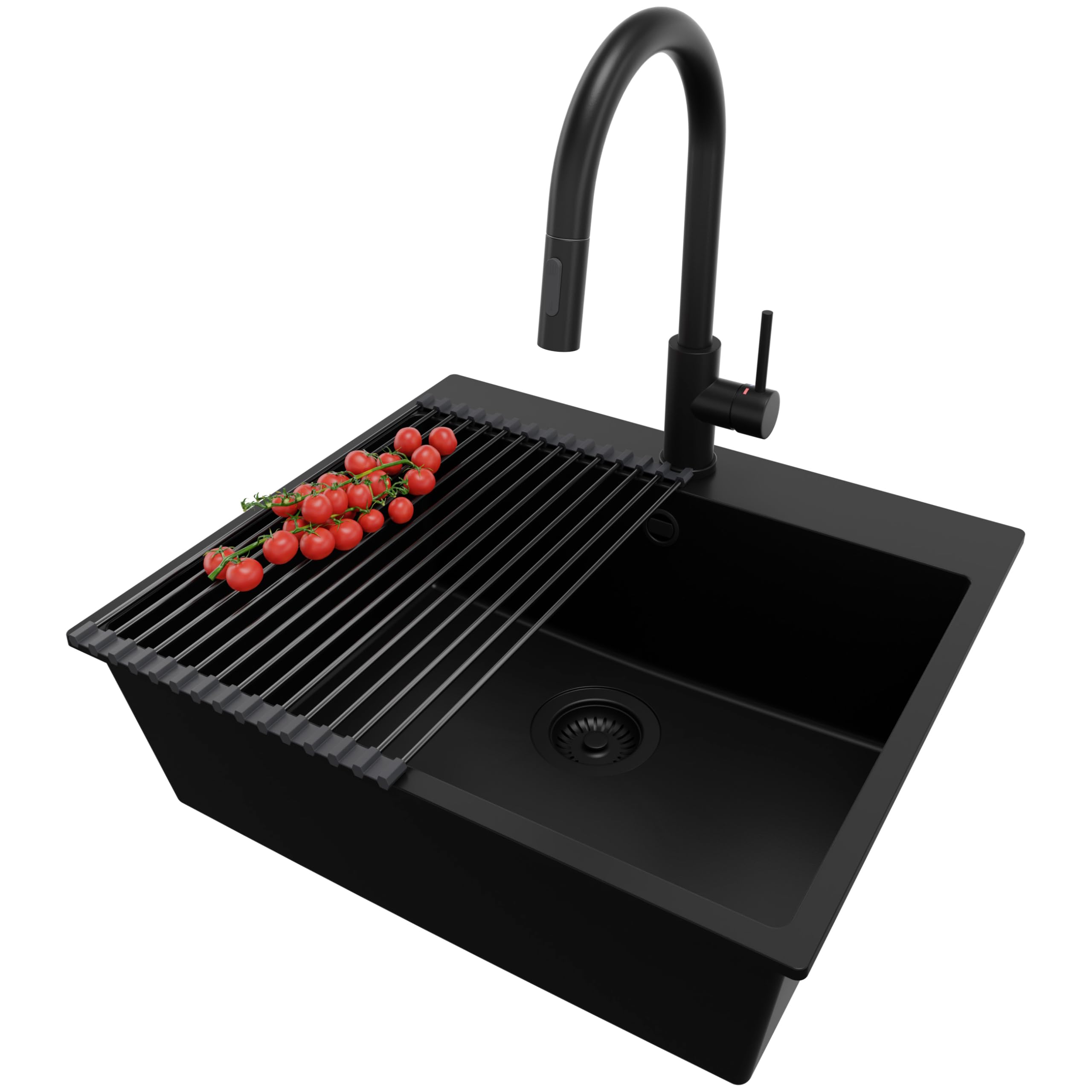 PRIMAGRAN Lavandino da Cucina Tutto Nero 58x50cm, Lavello in Granito a 1 vasca + Rubinetto 40x20cm + Set di accessori, Lavabo da Cucina Incasso al Mobile 60cm - Riga S393