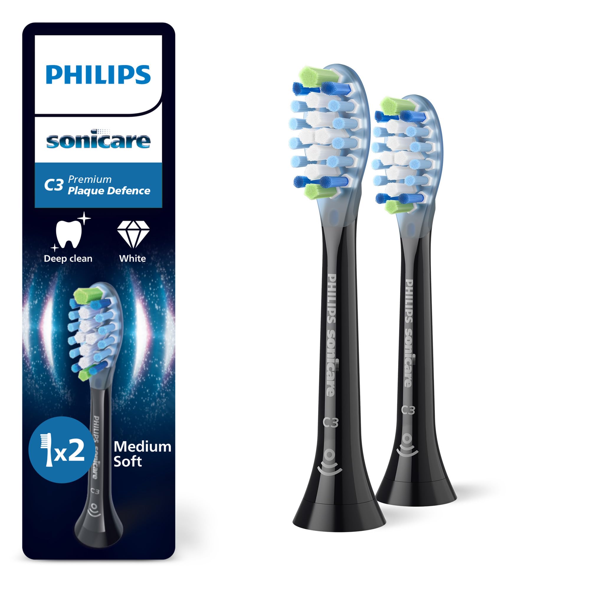 Philips Sonicare C3 Premium Plaque Defence – Original Ersatzbürstenköpfe, Schwarz, 2er-Pack (HX9042/88)
