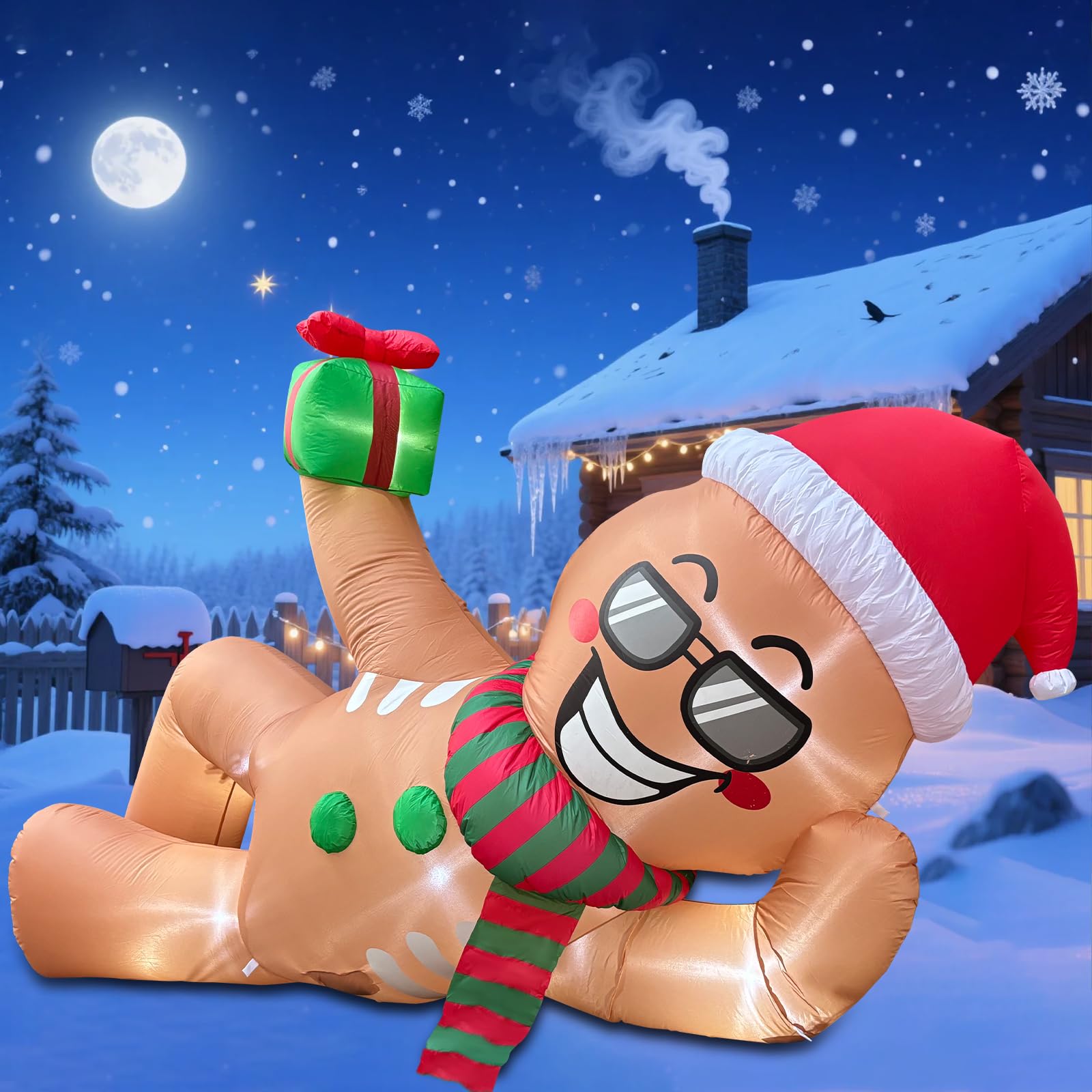 Bonhomme en pain d'épice gonflable géant de 2,8 m - Décoration d'extérieur - Bonhomme en pain d'épice endormi géant avec lumières LED pour avant-toit, extérieur, jardin, pelouse, Noël, hiver