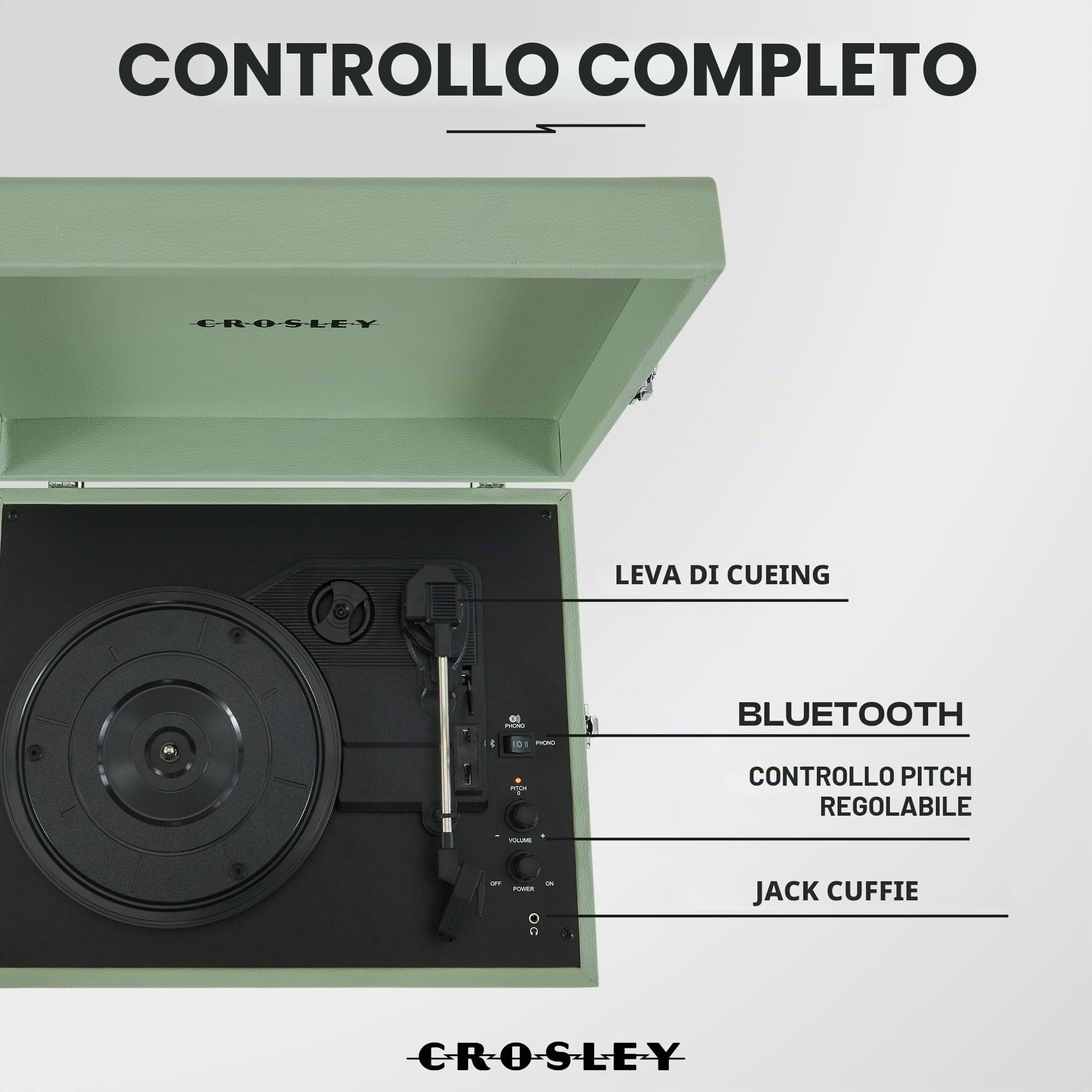 Crosley Voyager Giradischi con 2 altoparlanti, Bluetooth In & Out e AUX - Giradischi Vintage a 3 velocità - Per vinili da 7", 10" e 12" - Portatile con custodia integrata - Sage
