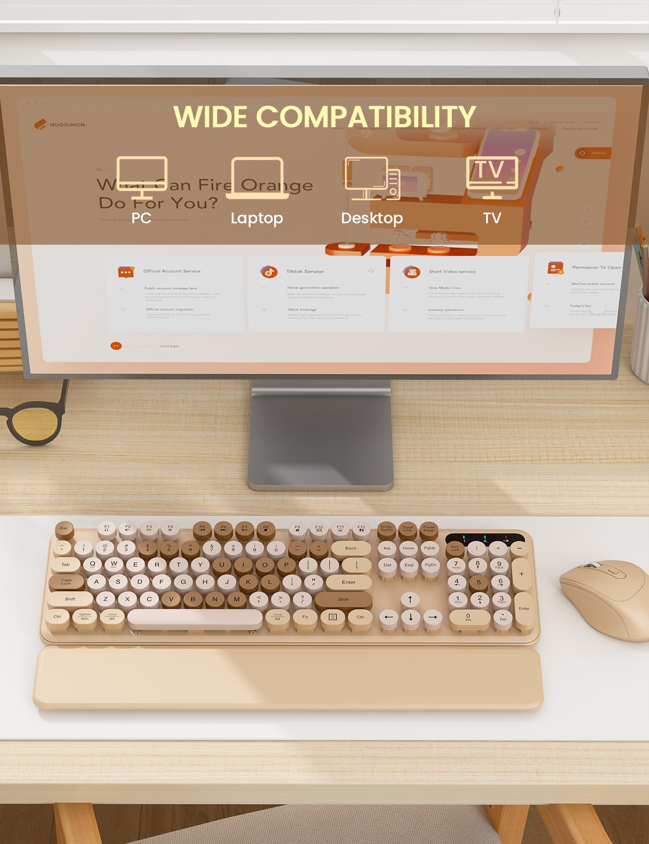 Tastiera wireless e mouse combinata, graziosa tastiera per macchina da scrivere con poggiapolsi staccabile, tasti rotondi retrò, gambe pieghevoli, tastiera full-size da 2,4 GHz per PC, laptop, Mac,