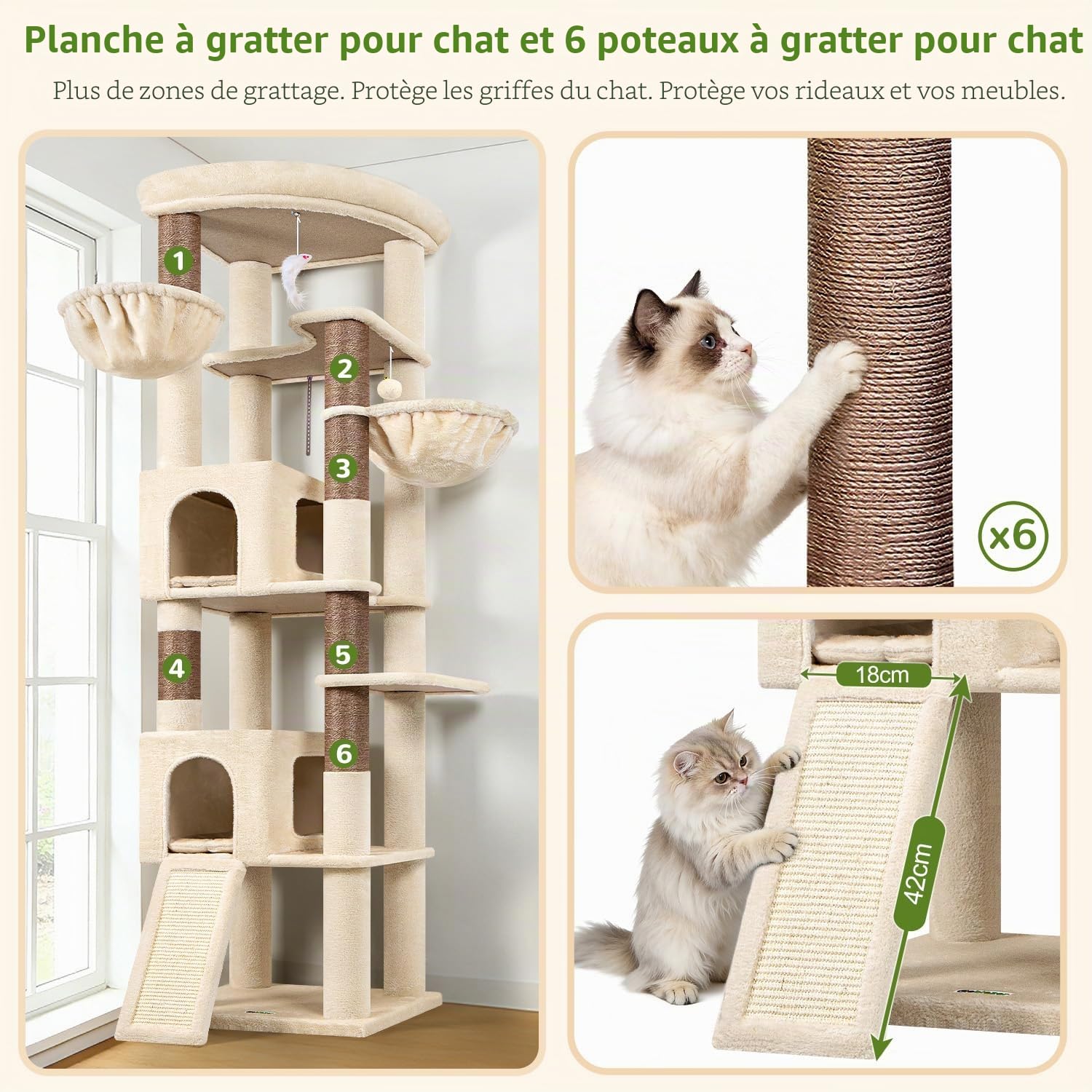 Globlazer Arbre a Chat Beige XXL Coin pour Gros Chats 204cm avec 2 Grand Niches 45*30*30cm, Immense Plateforme, Planche Sisal, Panier, Stable Arbres à Chats Intérieur Repos Gratte Jouant (C80, Beige)
