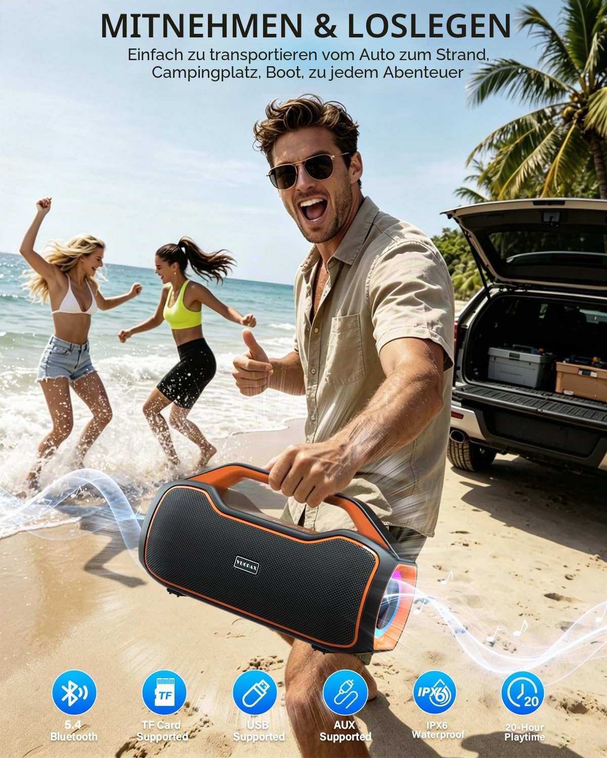 Bluetooth Lautsprecher Tragbare Musikbox Outdoor 120W Peak Bass Boost | 2x Subwoofer IP65 Wasserfester speaker 24h Akku Unterstützung DSP/TWS/AUX/TF/BT5.4, Geeignet für Partys,Strände,Camping