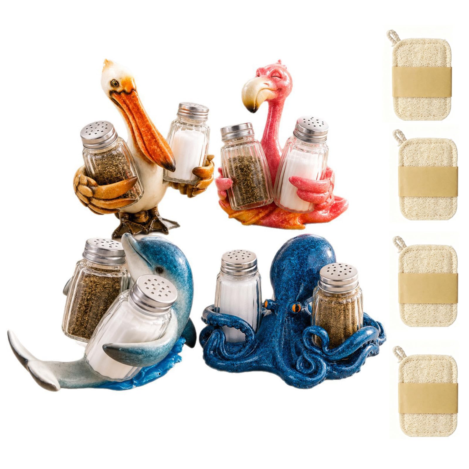 Juego de soporte para salero y pimentero de animales costeros (TODOS) | Contenedor de condimento para decoración de mesa de cocina de granja, decoraciones de mesa divertidas, encanto costero