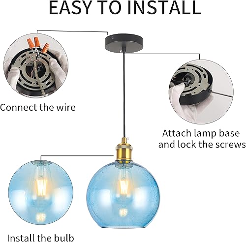 Miniatura 6 de Luces colgantes de cristal azul, iluminación de isla de cocina, globo colgante, lámparas modernas de vidrio soplado a mano para cocina, isla,