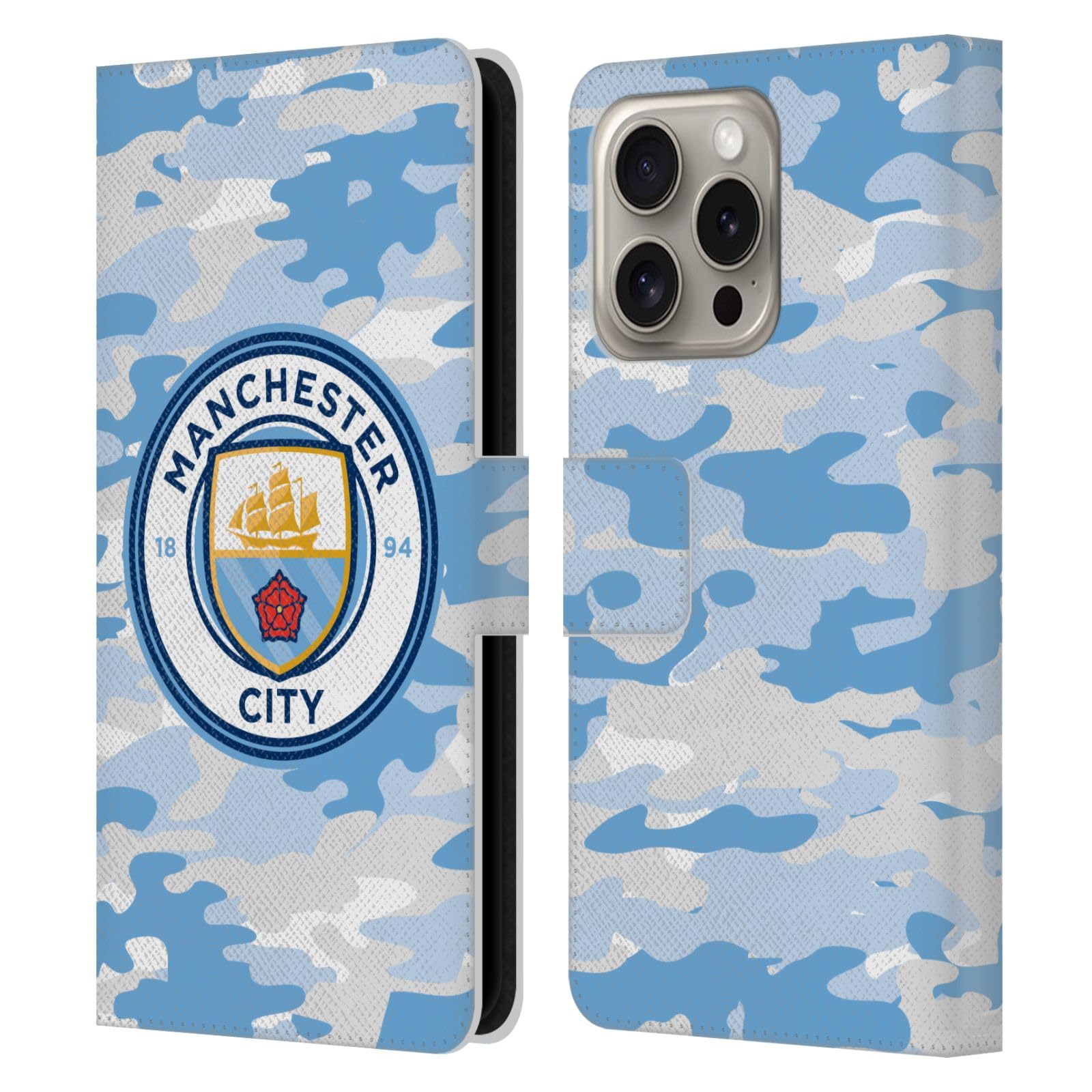 Head Case Designs Officially Licensed Manchester City Man City FC Light Blue Moon Badge Camou Leather Wallet Case Compatible With Apple iPhone 16 Pro