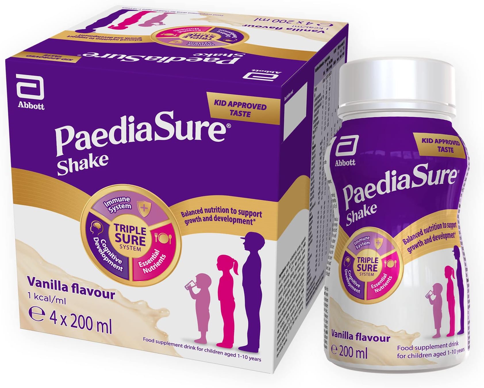 PaediaSure Shake Balanced Nutritional Supplement | Ready-to-Drink | Multivitamin for Kids with Protein, Essential Fatty Acids and Minerals to Support Growth and Development | 4 x 200 ml | Vanilla
