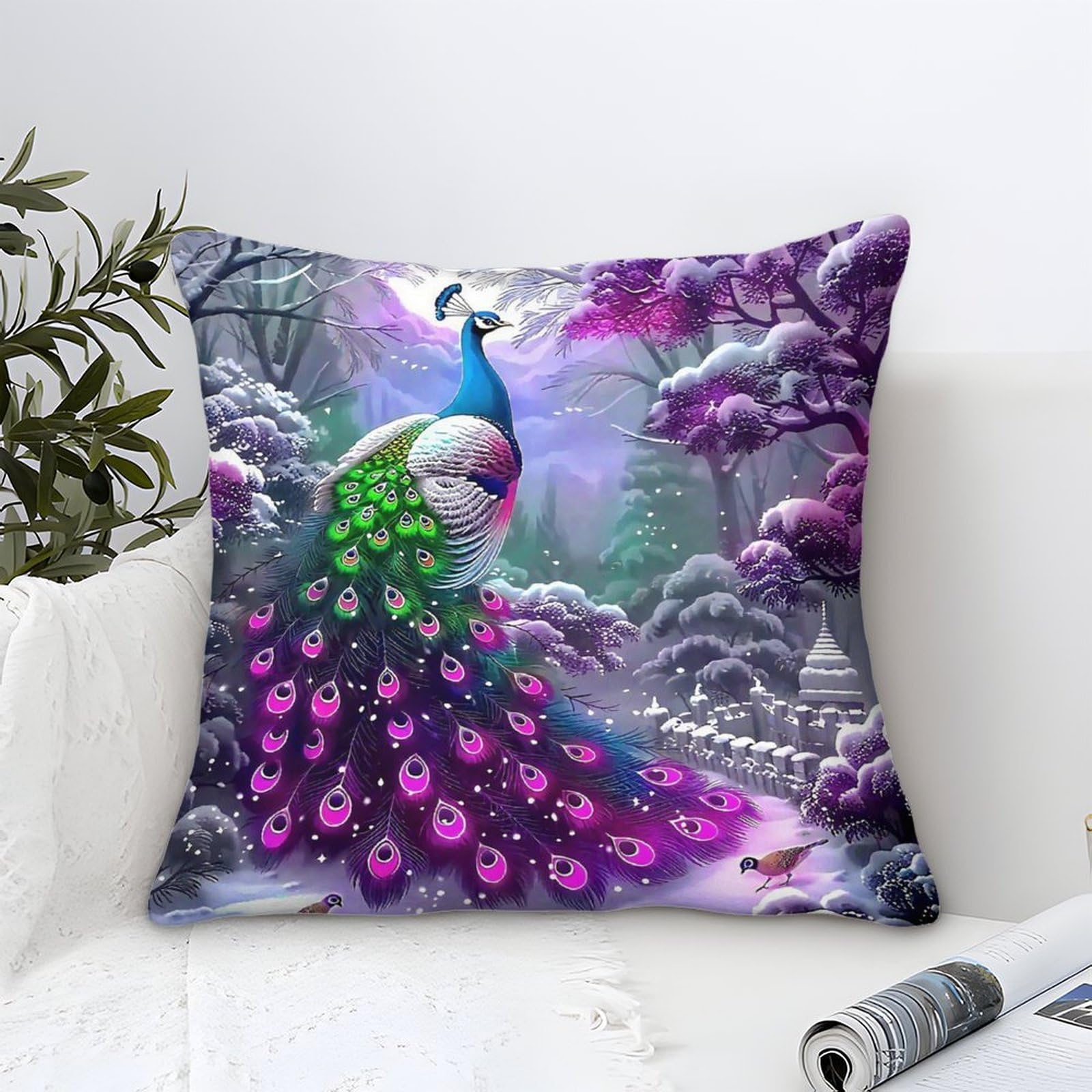Yyvkpmlxc Style-3 Peacock Cushion Cover Modern Art Decorative,Iridescent Snowy Forest Pattern Pillow Case,Soft Polyester Pillowcases For Sofa Garden Bed Couch Cushions 50X50cm