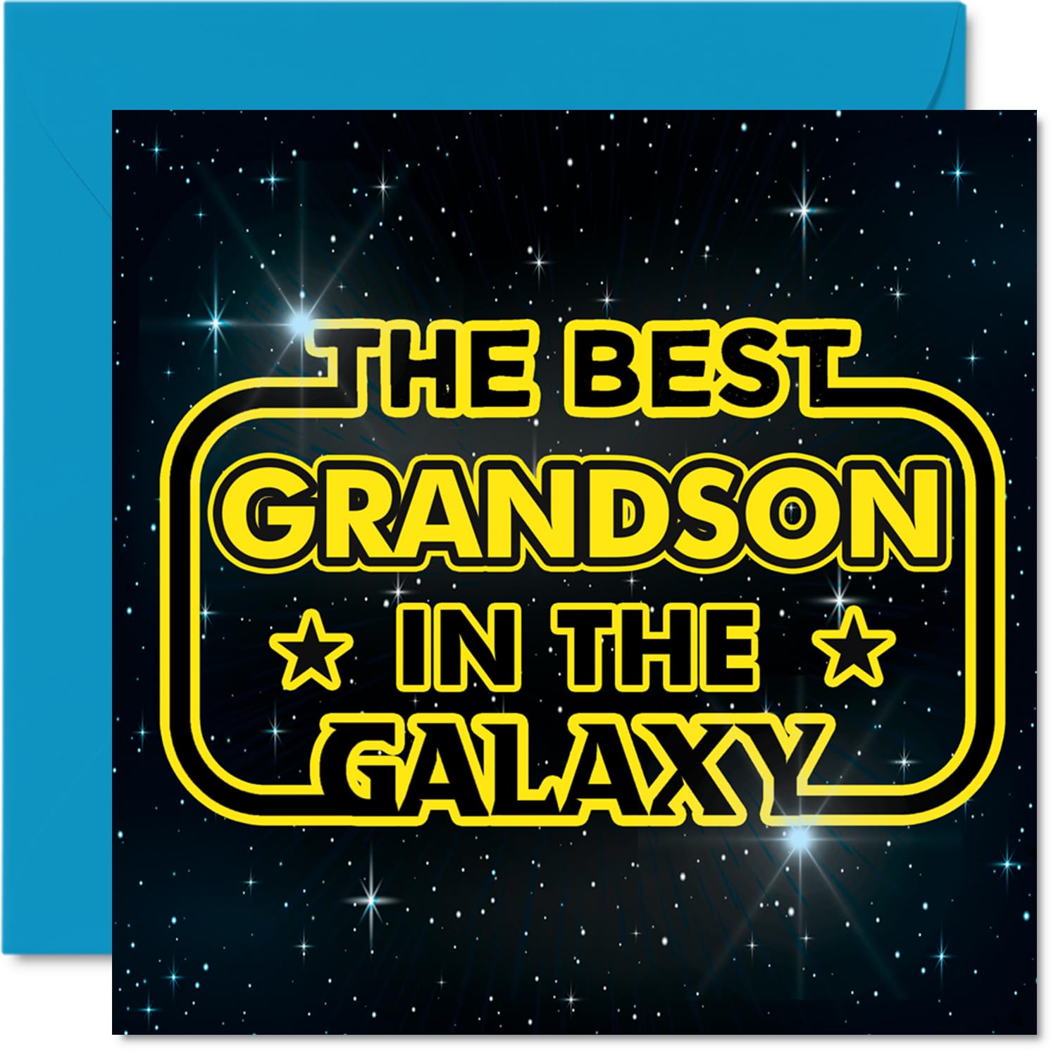 Playful Birthday Card for Grandson - Out-of-this-world Wishes - Space and Stars Design with Bold Yellow Lettering - 145mm Square, Envelope Included
