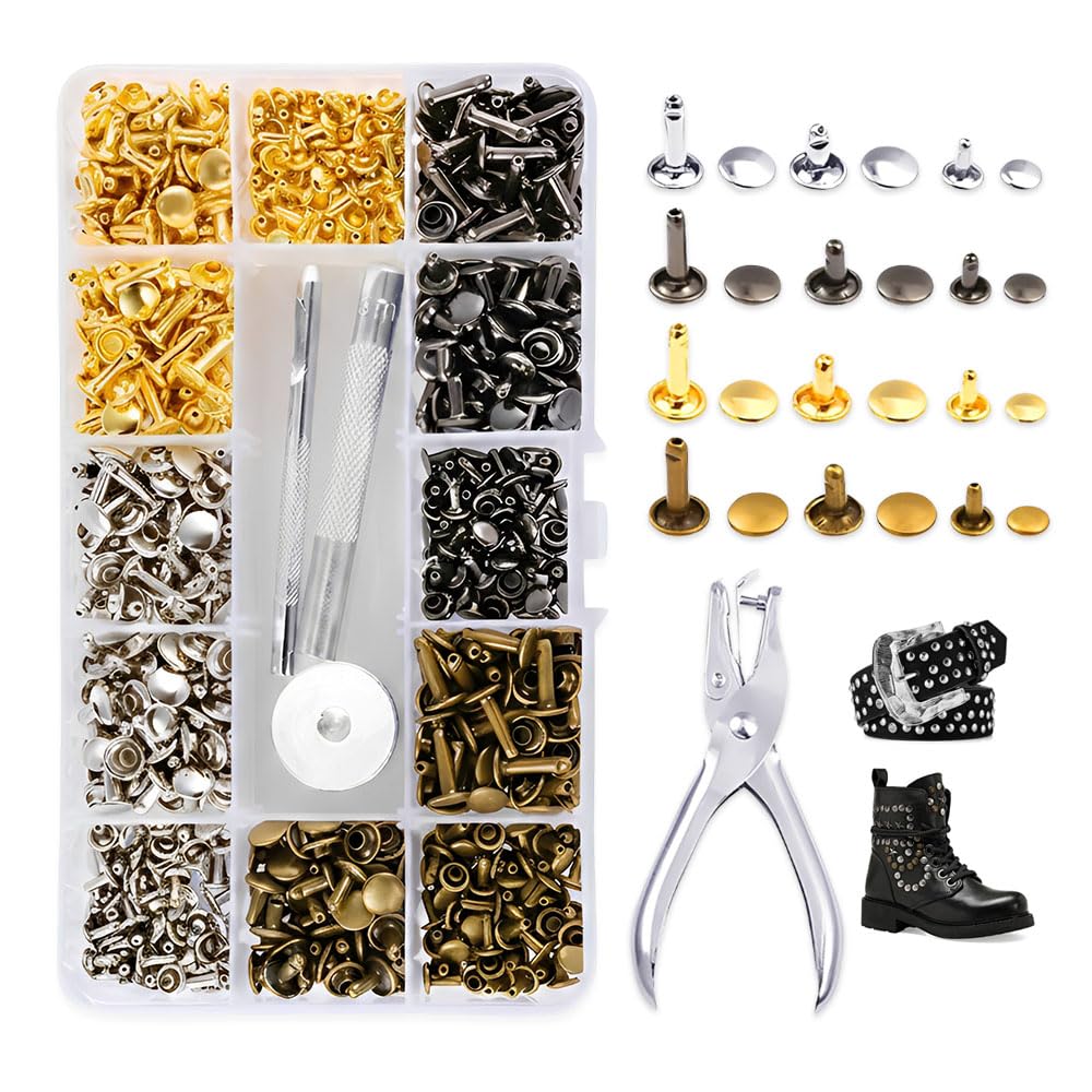 180 Pezzi Rivetti per Pelle 12 MM/8 MM/6 MM,Borchie Metallo per Tessuti con Punch Pinze,Ribattini per Cuoio Doppia Testa,Studs for Clothes per Scarpe, Vestiti, Artigianali Fai Da Te - 4 Colori