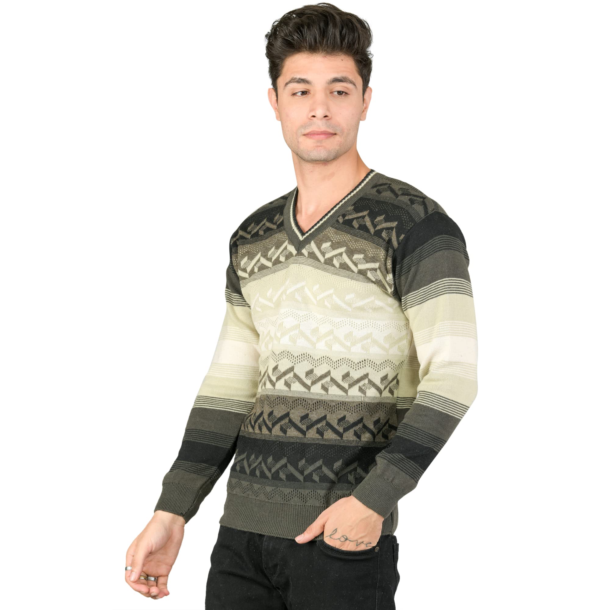 Men Woolen V-Neck Self Design Printed Pullover Heavy Rainbow Fabric Winter Wear Pure Wool Cardigan for Men Regular Coaty Fully Warm Heavy Pullover Cardigans Free Sizes
